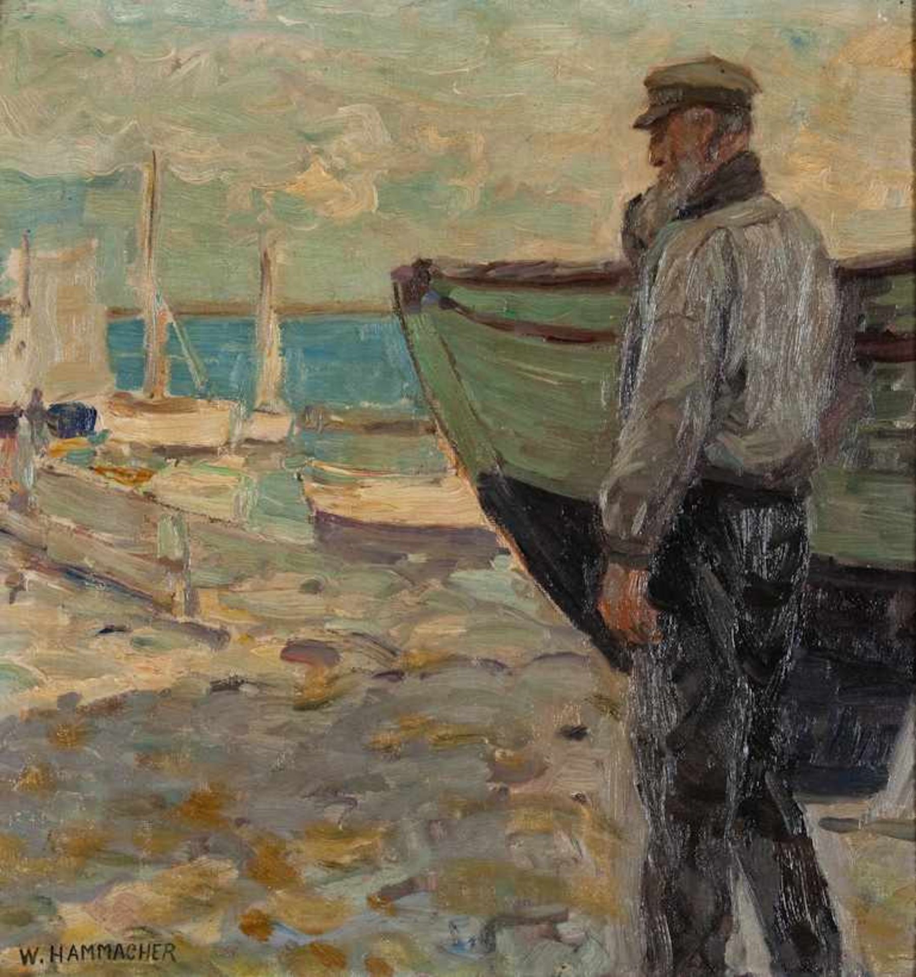 Hamacher, Willy (Breslau, Bad Reinerz 1865–1909)Ans Boot gelehntBärtiger Fischer am Strand neben