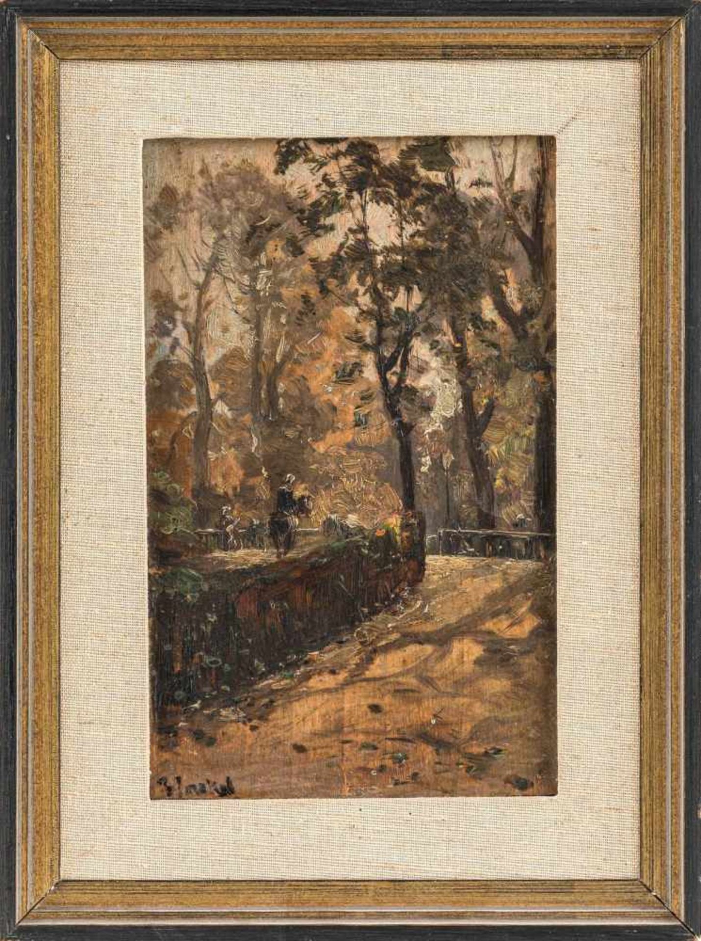Berliner Maler (um 1900)Reiterim herbstlichen Grunewald. Schwer lesbar sign. Holz. 22×13 cm.