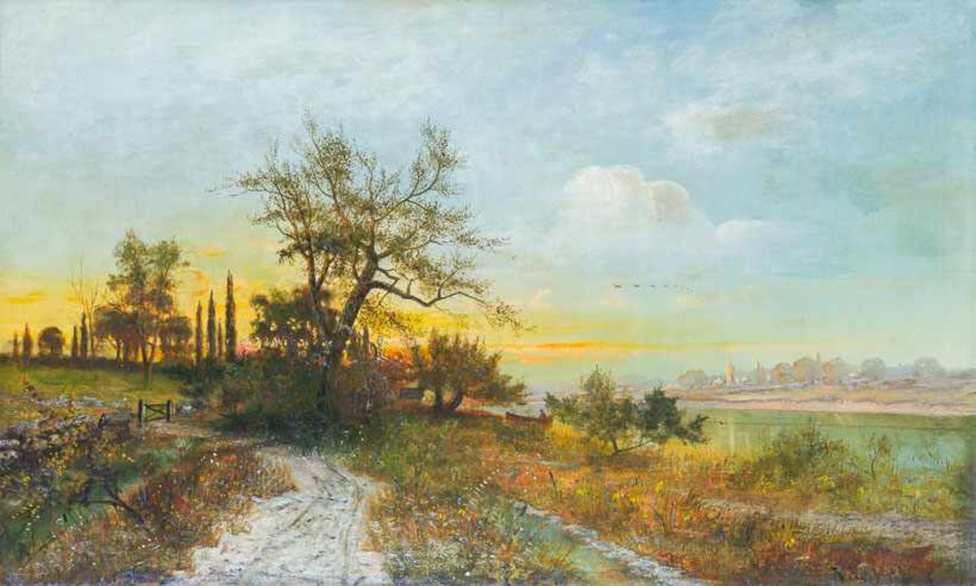 Ekblad, wohl Felix ( USA, Chicago, 1852/1923)Sommerliche Flusslandschaft bei SonnenuntergangIn der