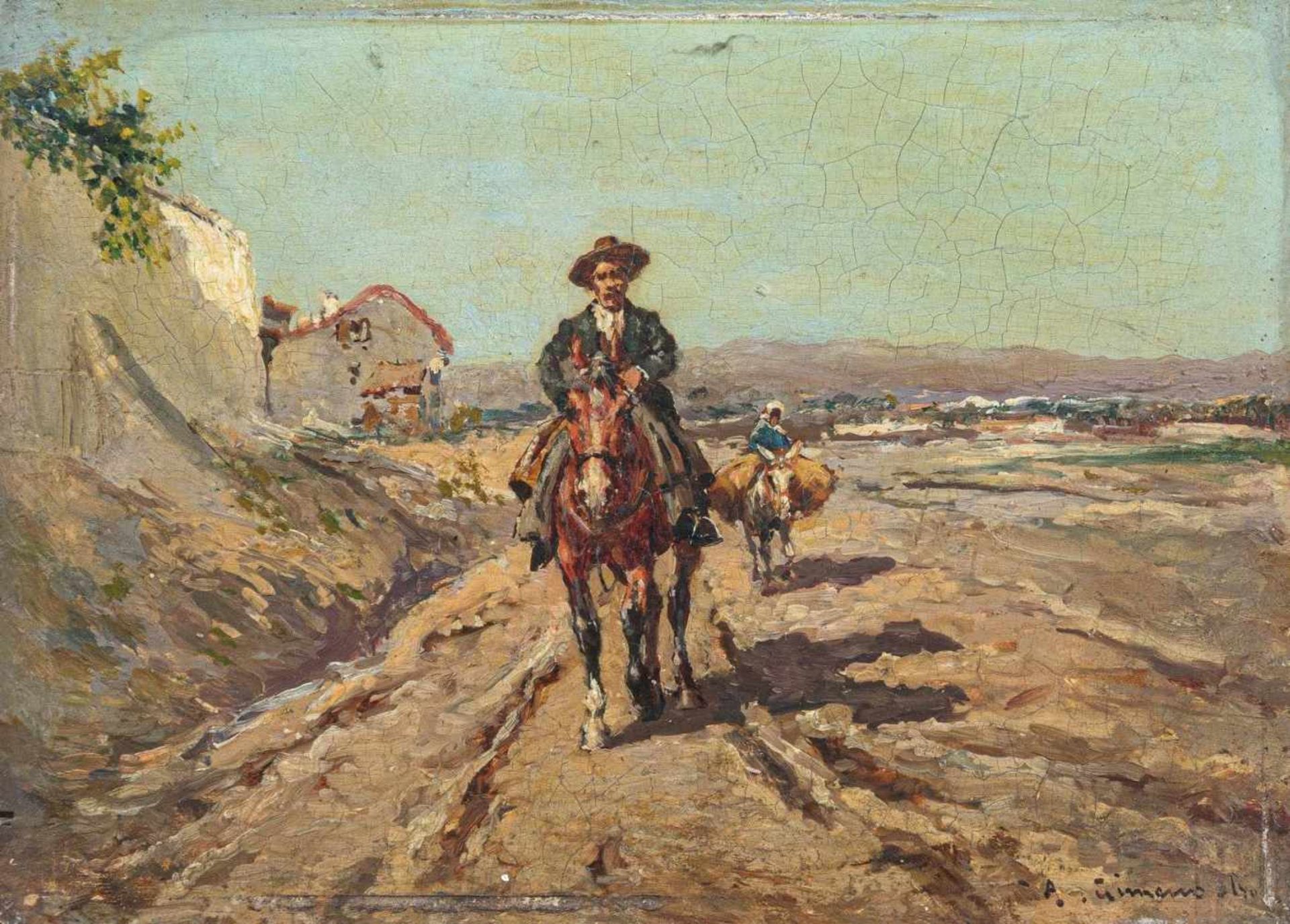 Gimeno, Andrés (geb. 1879 Spanien)Zwei kl. Gemälde. a) Reiter auf Dorfstraße, b) Reiter in den Dünen