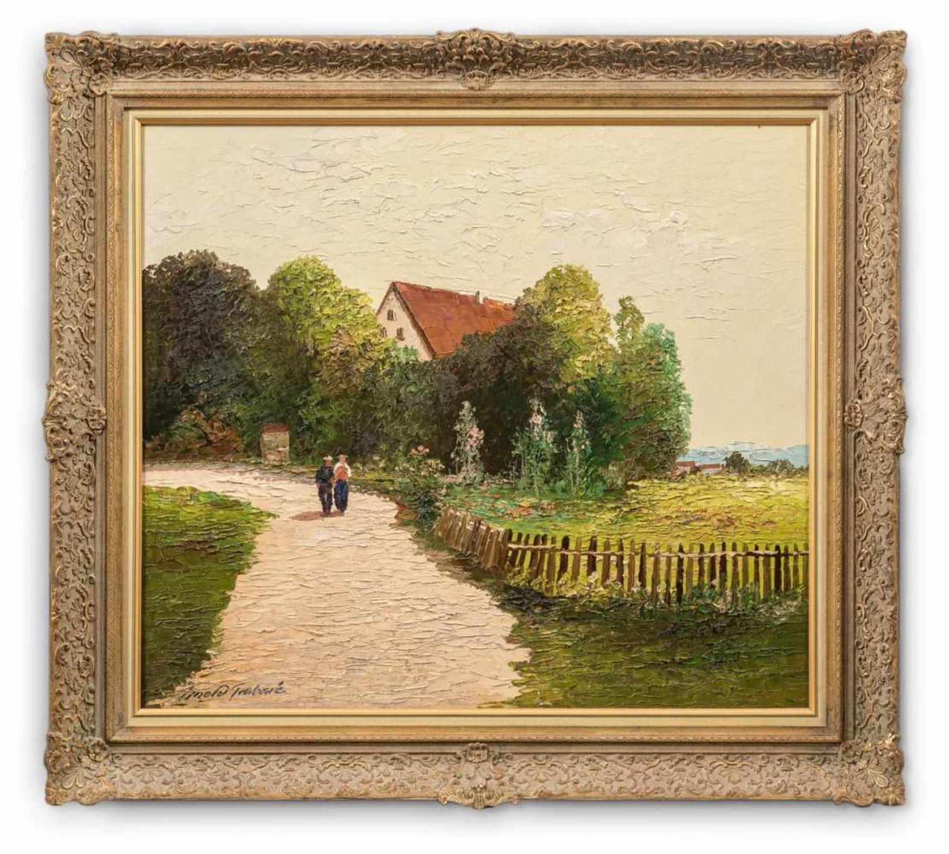 Arnold-Grabone, Georg (München, Buchhof 1896-1982)Dorfstraße in OberbayernAuf dem Weg Spaziergänger.