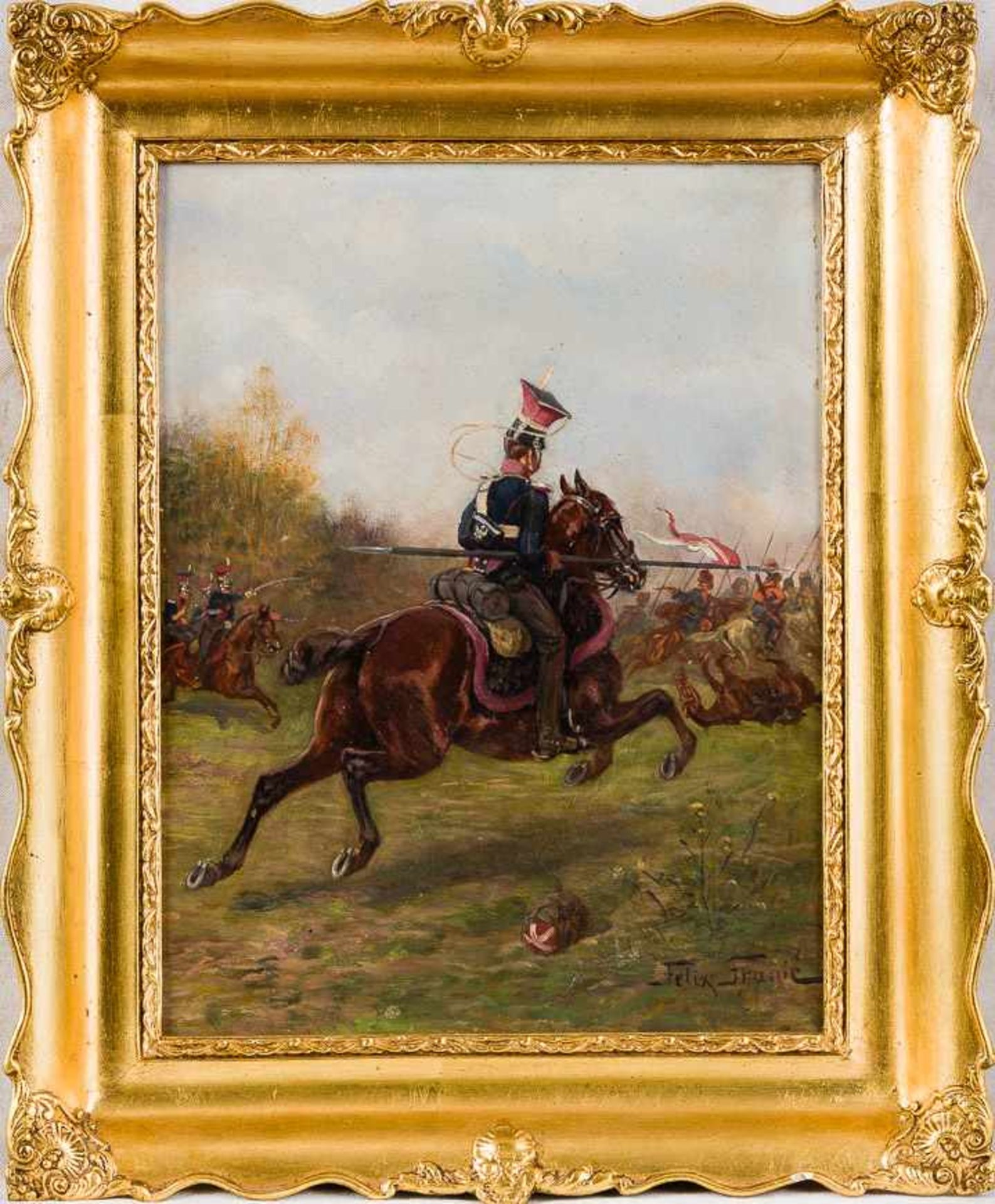 Franic, Felix (Polen 1871–1937)Polnischer Ulan zu Pferd mit gesenkter Lanze zum Angriff reitend.