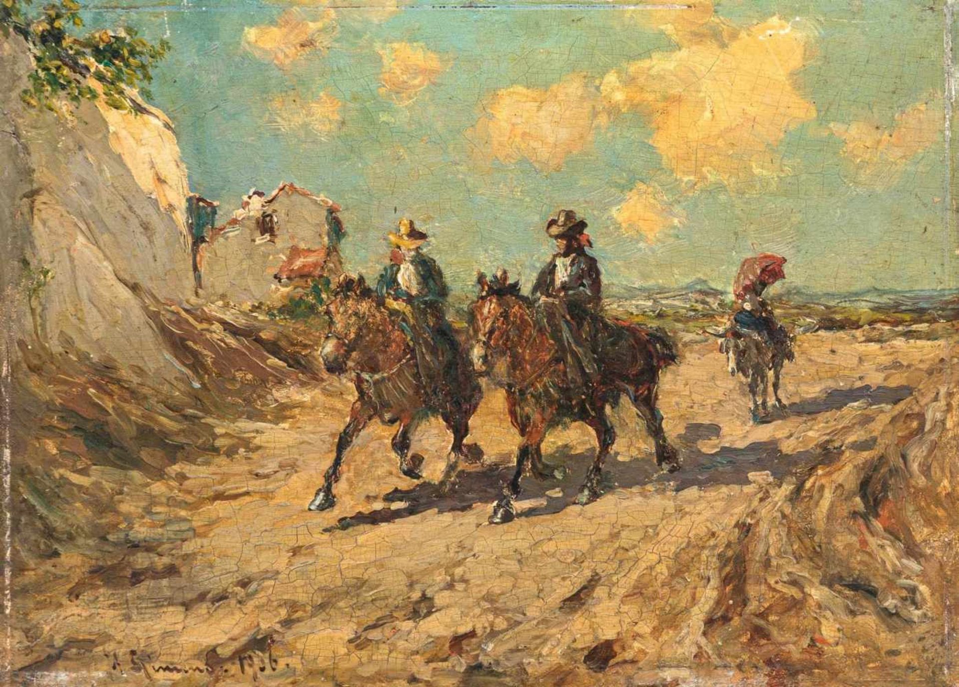 Gimeno, Andrés (geb. 1879 Spanien)Zwei kl. Gemälde. a) Reiter auf Dorfstraße, b) Reiter in den Dünen - Bild 2 aus 2