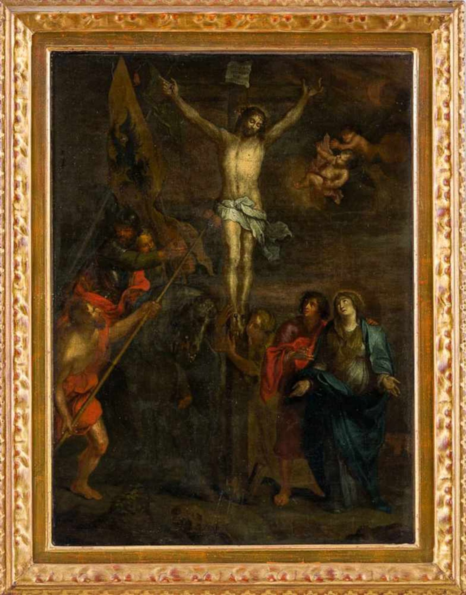 Deutsch (17. Jh.)Kreuzigung ChristiJesus, noch lebend, in einer Engelsglorie. Unter dem Kreuz die