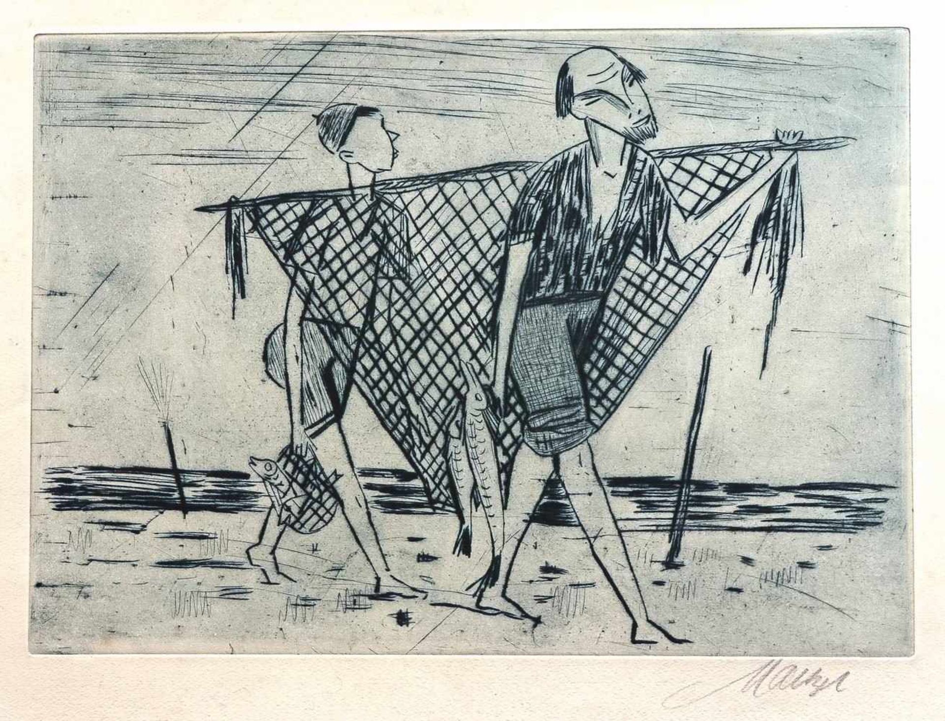 Maetzel, Emil (Cuxhaven, Hamburg 1877-1955)Zwei Fischer am Strandum 1930Radierung auf