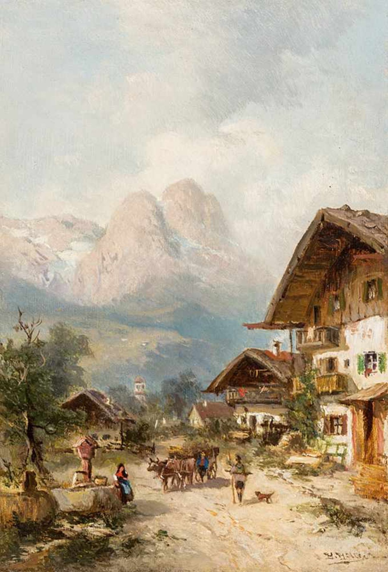 Hiller, Heinrich (1845–1912)Straße in Garmischmit Bauernhäusern, Brunnen und Ochsenkarren. Sign.