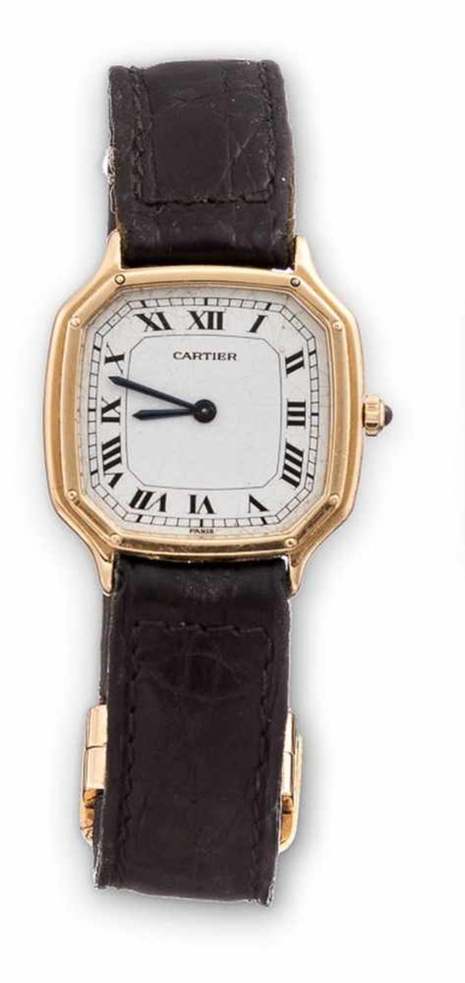 Vintage-Cartier-Armbanduhr "Santos"750/f. Gold. Oktogonales schmales Gehäuse mit acht kl.