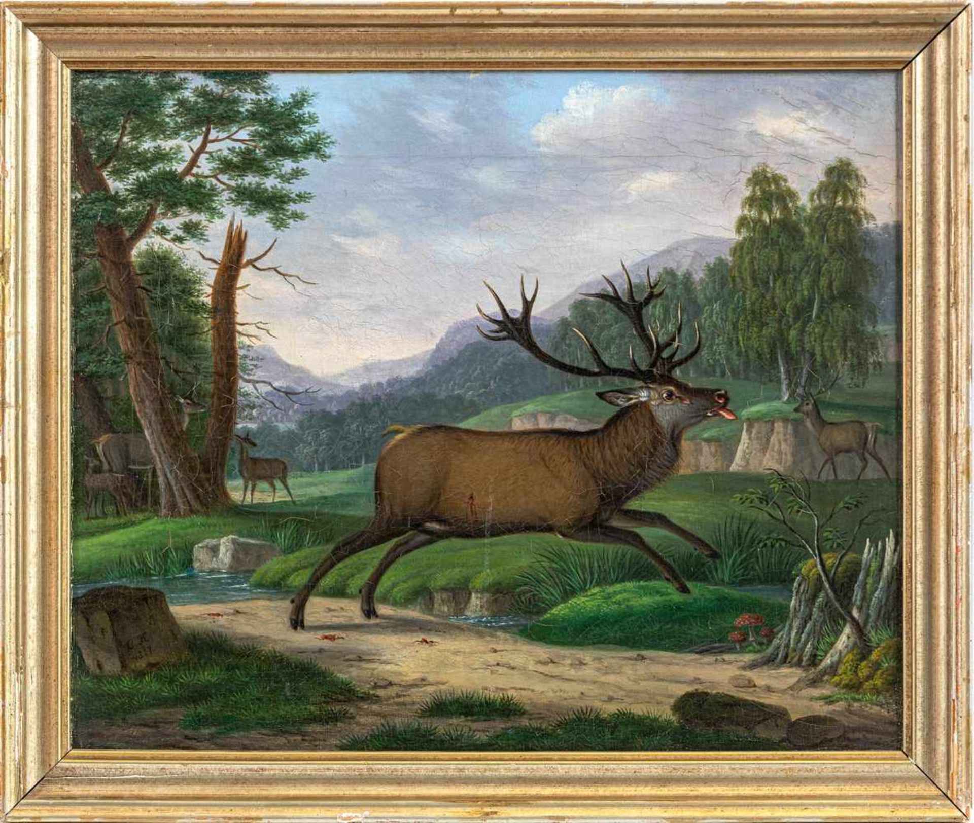 Kehrer, Christian (Erbach, 1775-1869)Flüchtender, verwundeter, kapitaler Hirschin Landschaft.