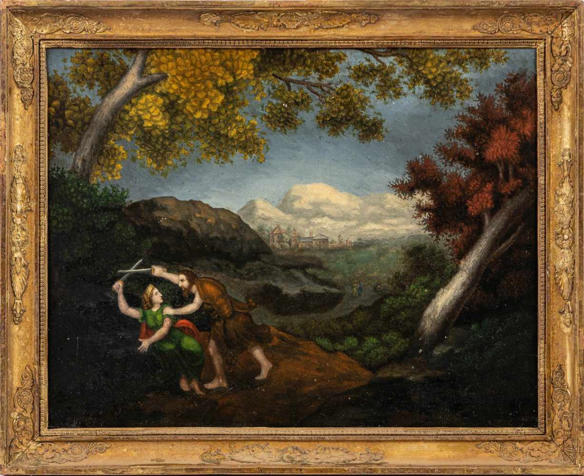 Unbekannter Maler (nach einem Vorbild des 17. Jh.)Duell im WaldLwd. (doubl.) 49,5×38 cm. R.(