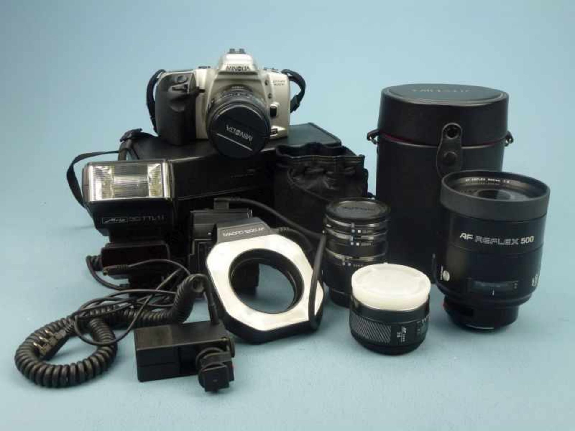 Kameraausrüstung, Minolta Dynax 500si Body mit AF Macro 50mm 1:3,5, 28mm 1:2,8, AF Reflex500mm 1: