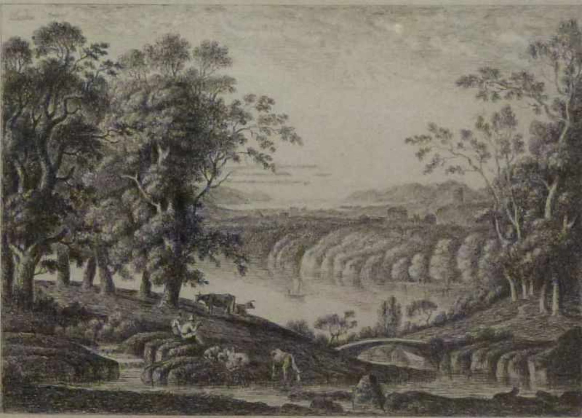 Landschaft, Ludwig Philipp Strack (1761-1836) Radierung, auf Hügel vor See lagerndeHirten, GR,