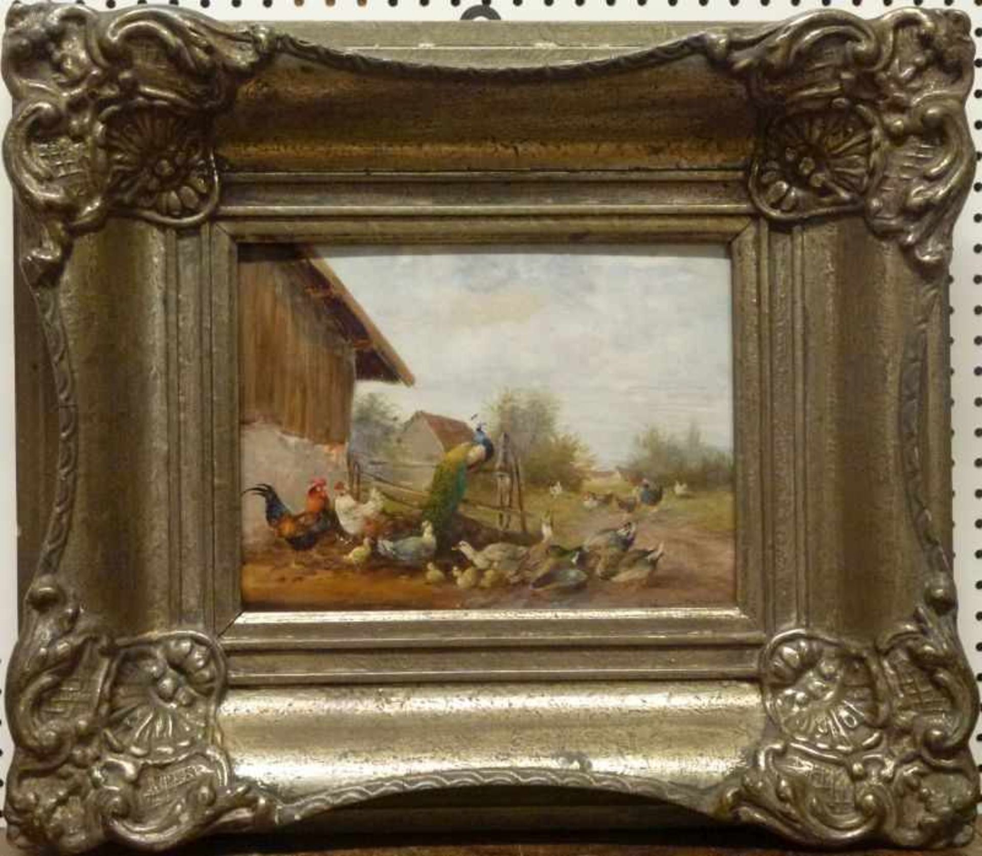 Hühnerhof, Max I Hänger (1874-1941) Öl/Holz, sign., Hühner, Enten und Pfau neben Hof, GR,18x24cm - Bild 2 aus 3