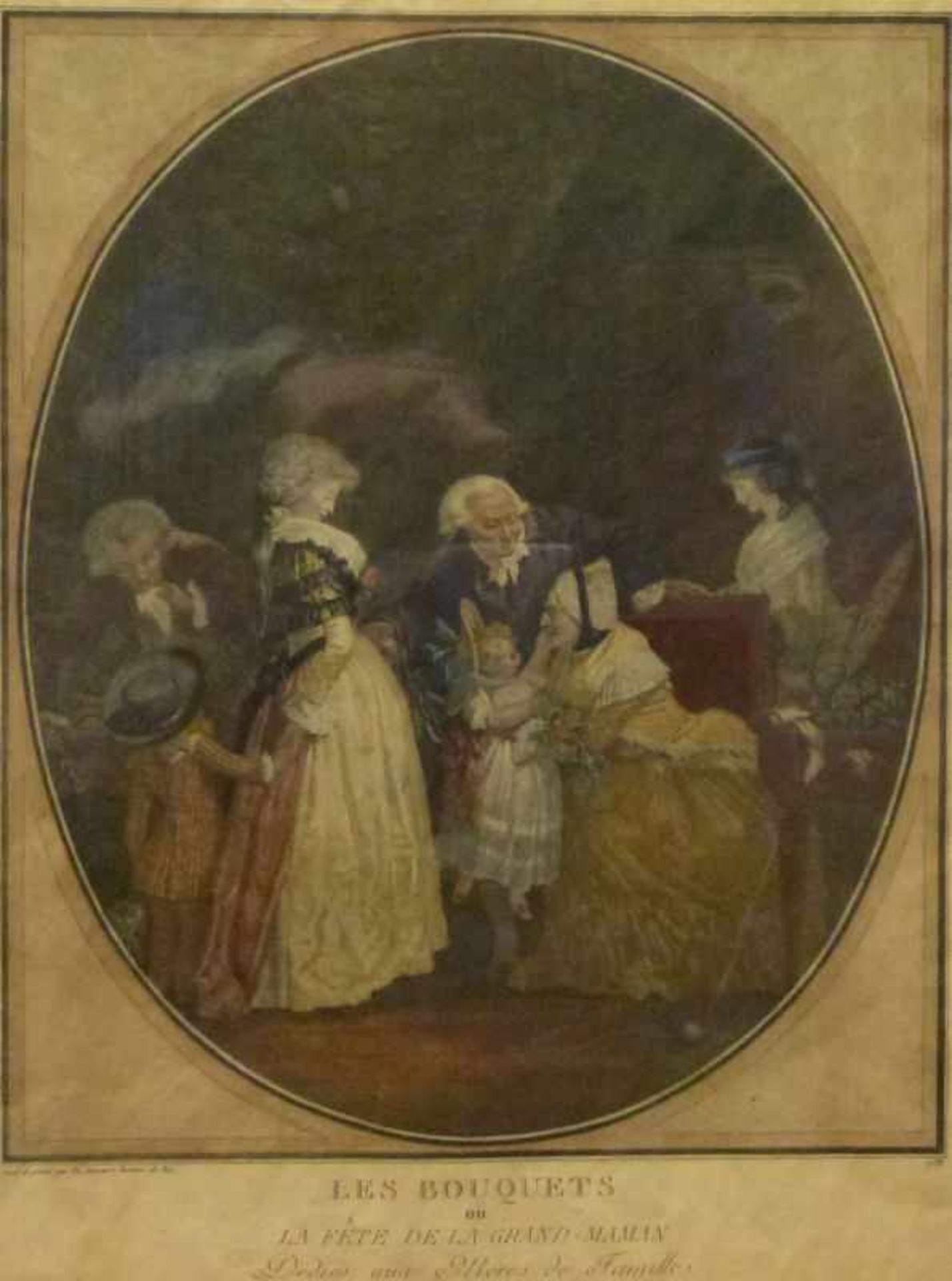 "Les Bouquets", Philibert Louis de Bucourt (XVIII-XIX) Farbaquatintaradierung,Familienszene im oval,