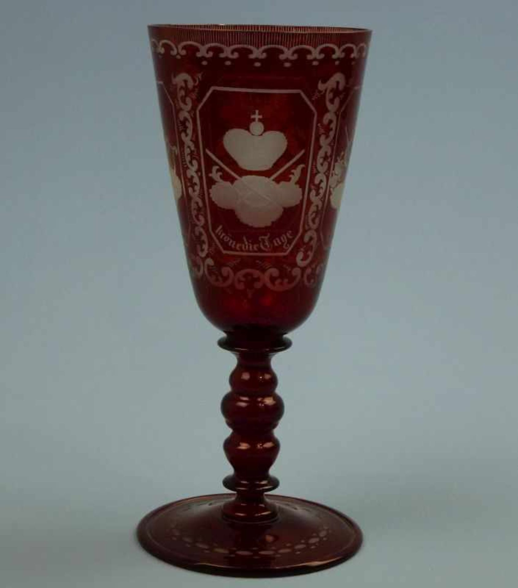 Pokal, Böhmen, 2.H. 19.Jh. Balusterfuß, konische Cuppa, Schliffdekor, bildlicheDarstellungen mit