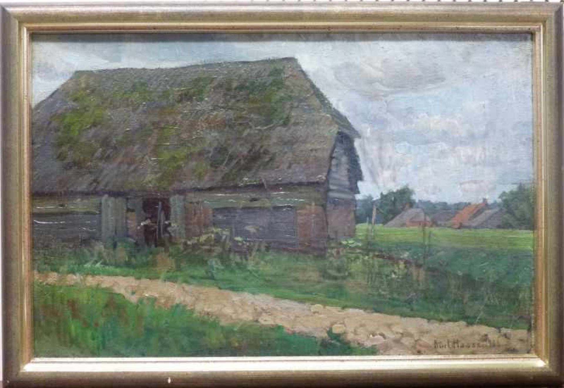 Bauernhäuser aus "Livland" 1906, Kurt Haase-Jastrow (1885-1958) Öl/Lw, kl. Retouche, R,31x48cm