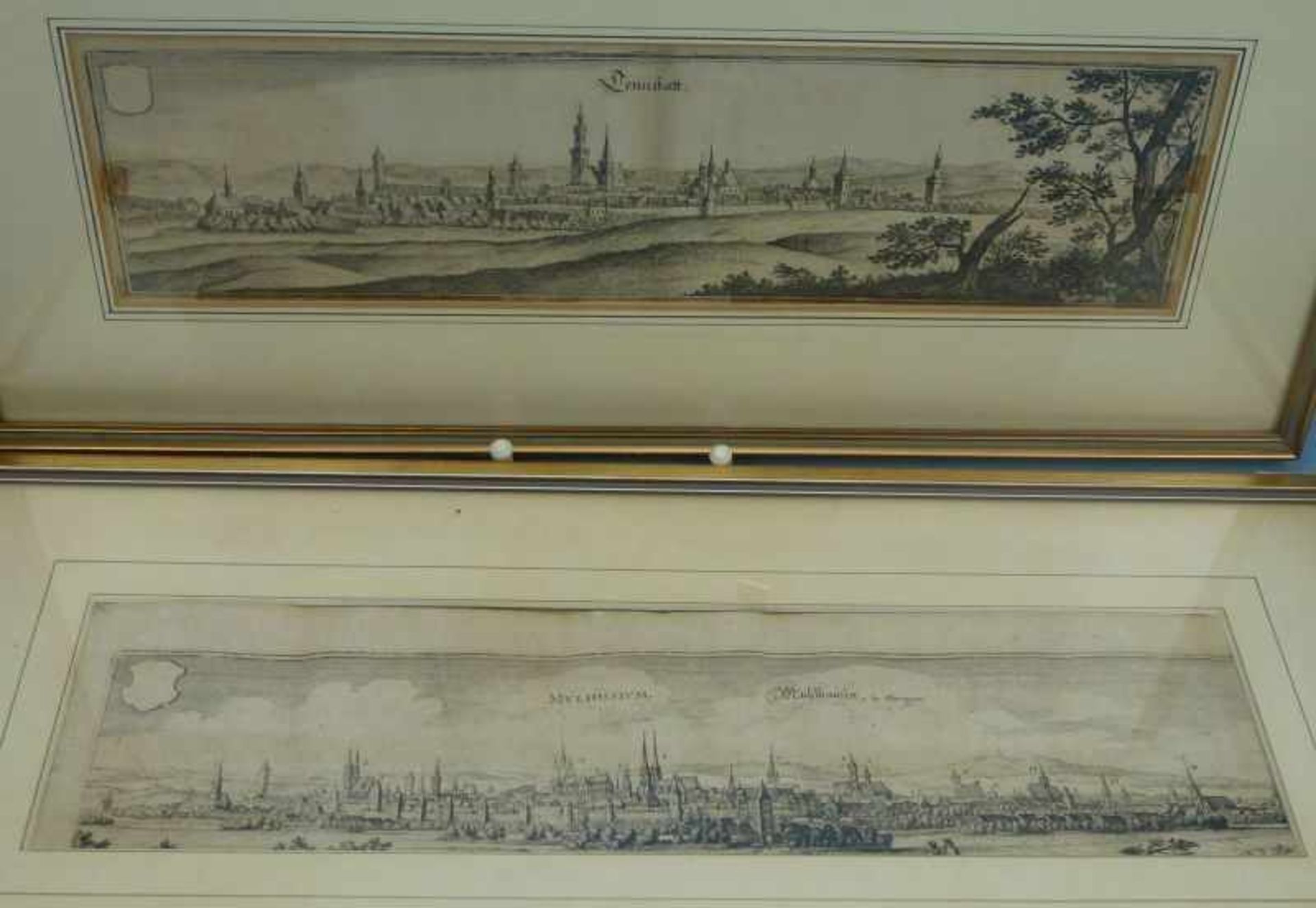 2 Stiche, "Tennstatt" und "Mulhusium", Matthäus Merian, um 1650 Kupferstiche, vergilbt,Kleberflecke,