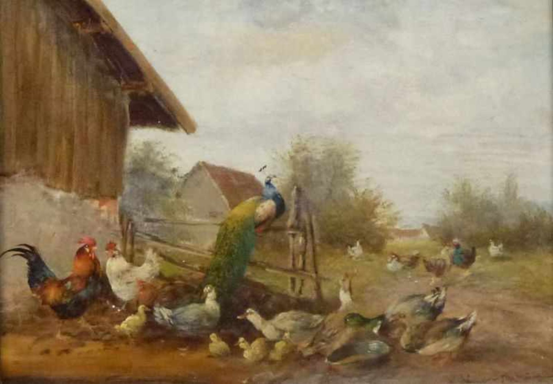 Hühnerhof, Max I Hänger (1874-1941) Öl/Holz, sign., Hühner, Enten und Pfau neben Hof, GR,18x24cm