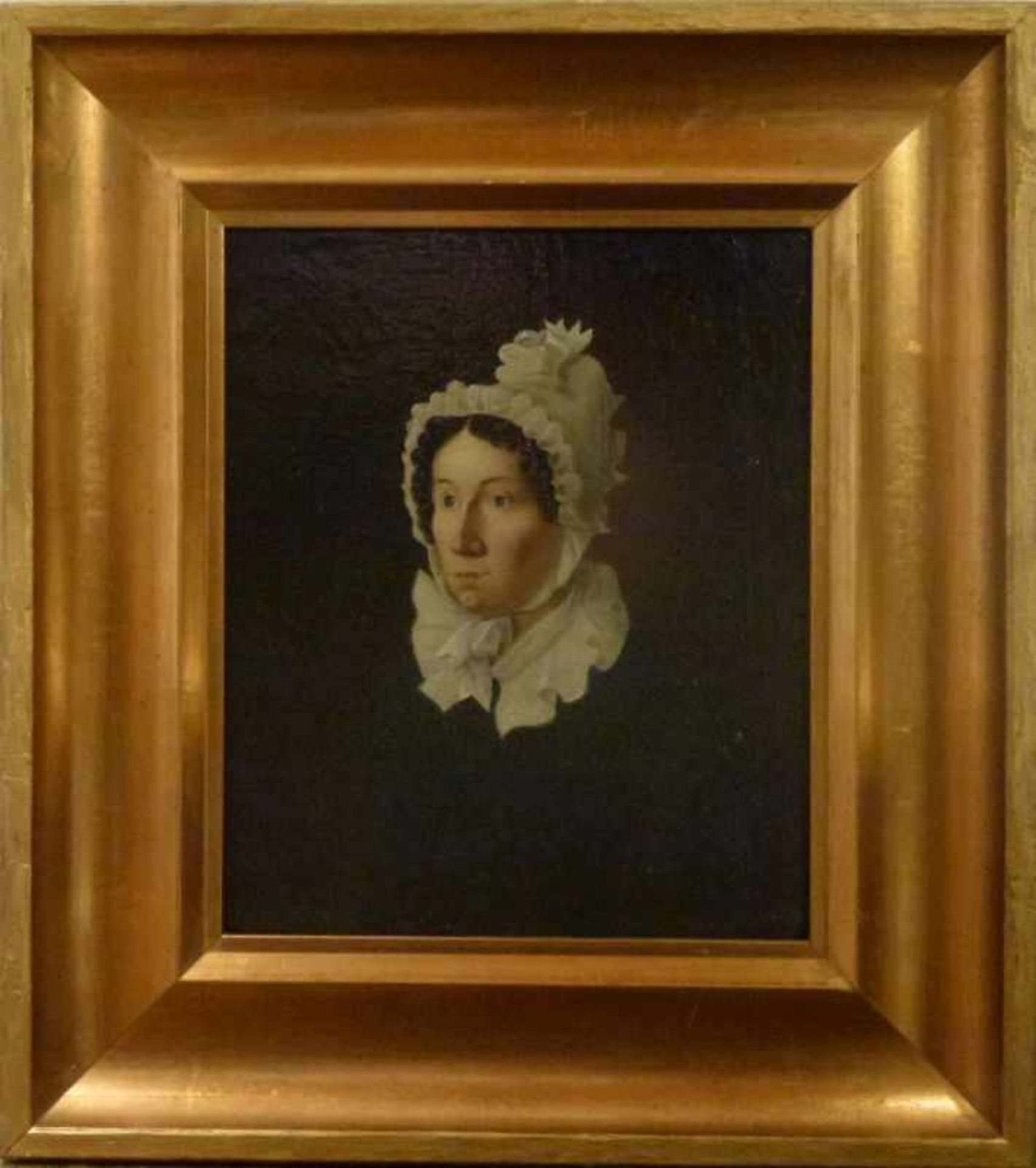 Portrait einer Dame, 1849 Öl/Lw, sign.: E.Meuten? Biedermeierdame in Rüschenhaube undKragen, GR, - Bild 2 aus 2