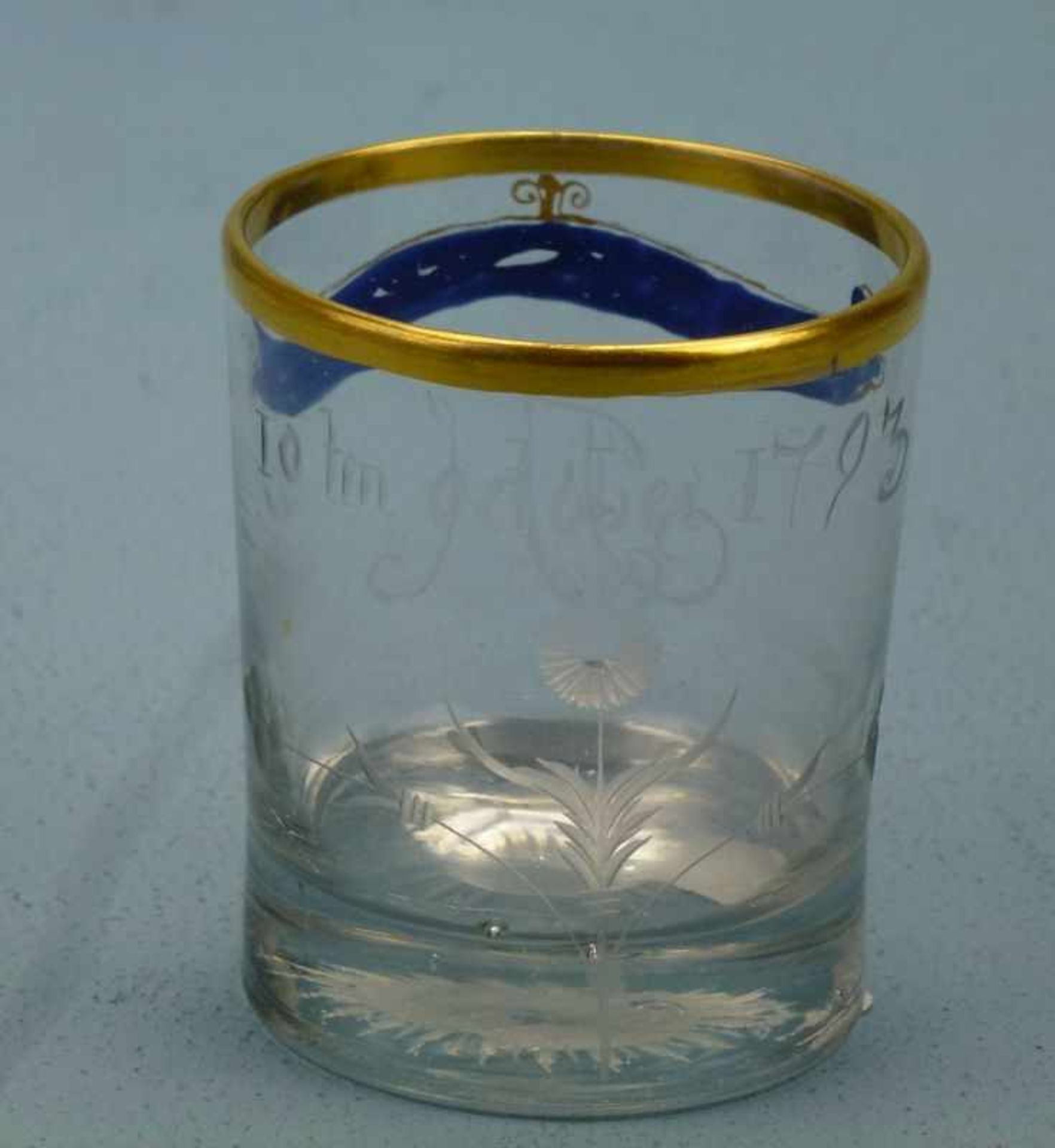 Becherglas, 1793 zylindrisch, Schliffdekor: Blume, Initiale: FH; Spruchband: "Was wirwünschen", - Bild 2 aus 2