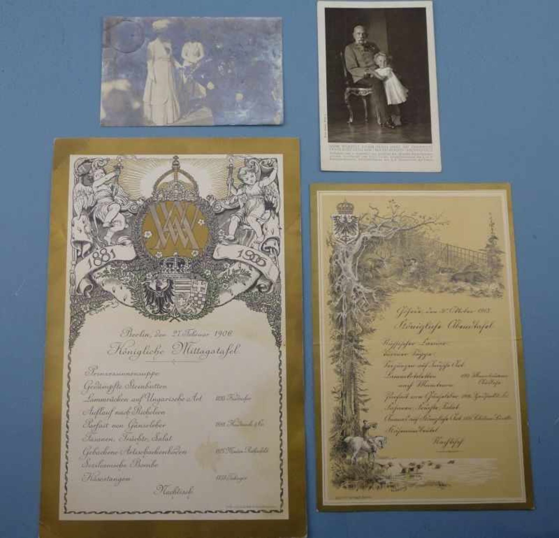 Konvolut Dokumente und Postkarten, KW II. Speisekarte zur Silberhochzeit des Kaiserpaares1906;