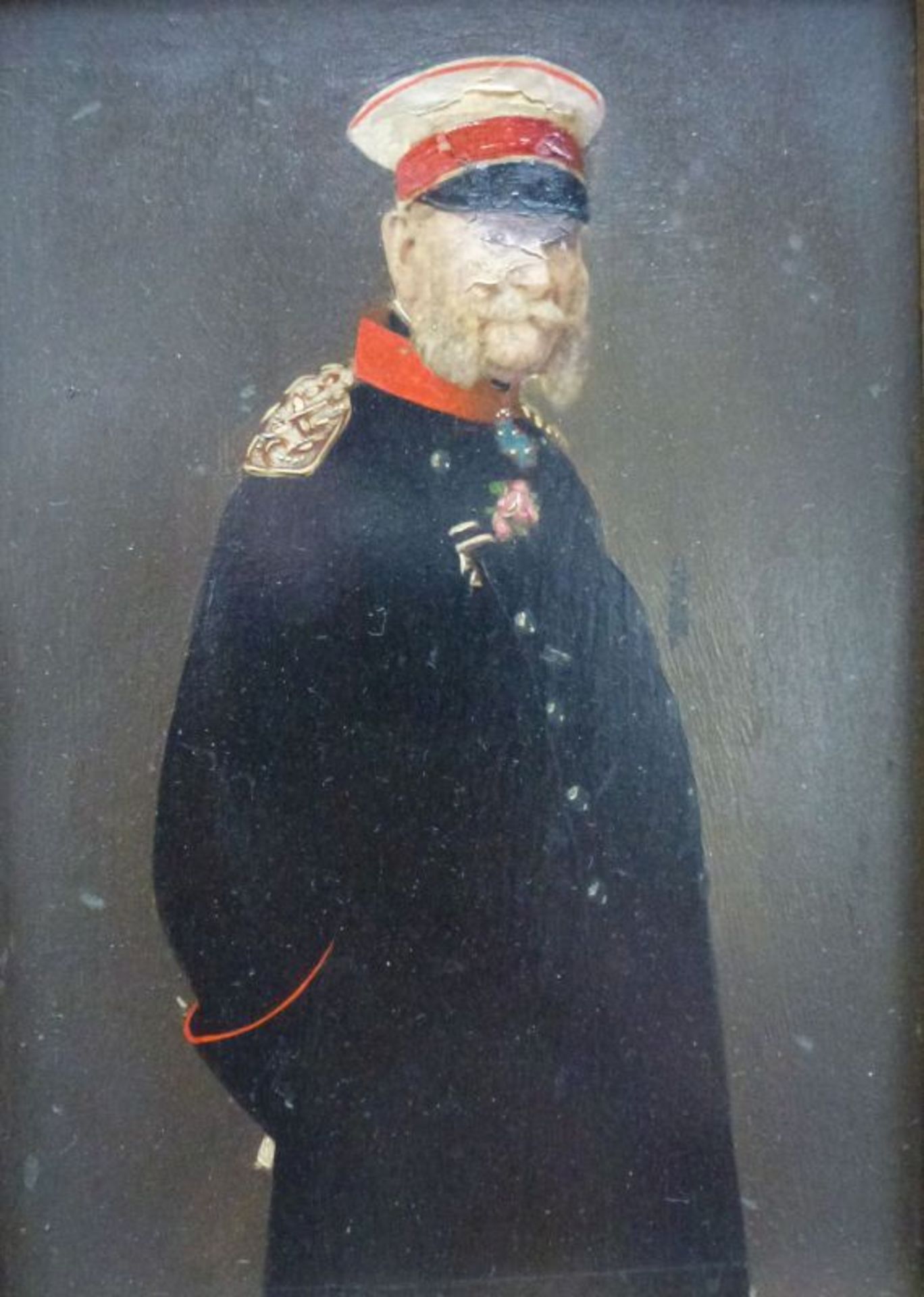 Kaiser Wilhelm I.Kaiser Wilhelm I.Bismarck und Moltke, Ende 19.Jh. Öl über Druck/Mahagonitafel, - Image 3 of 4