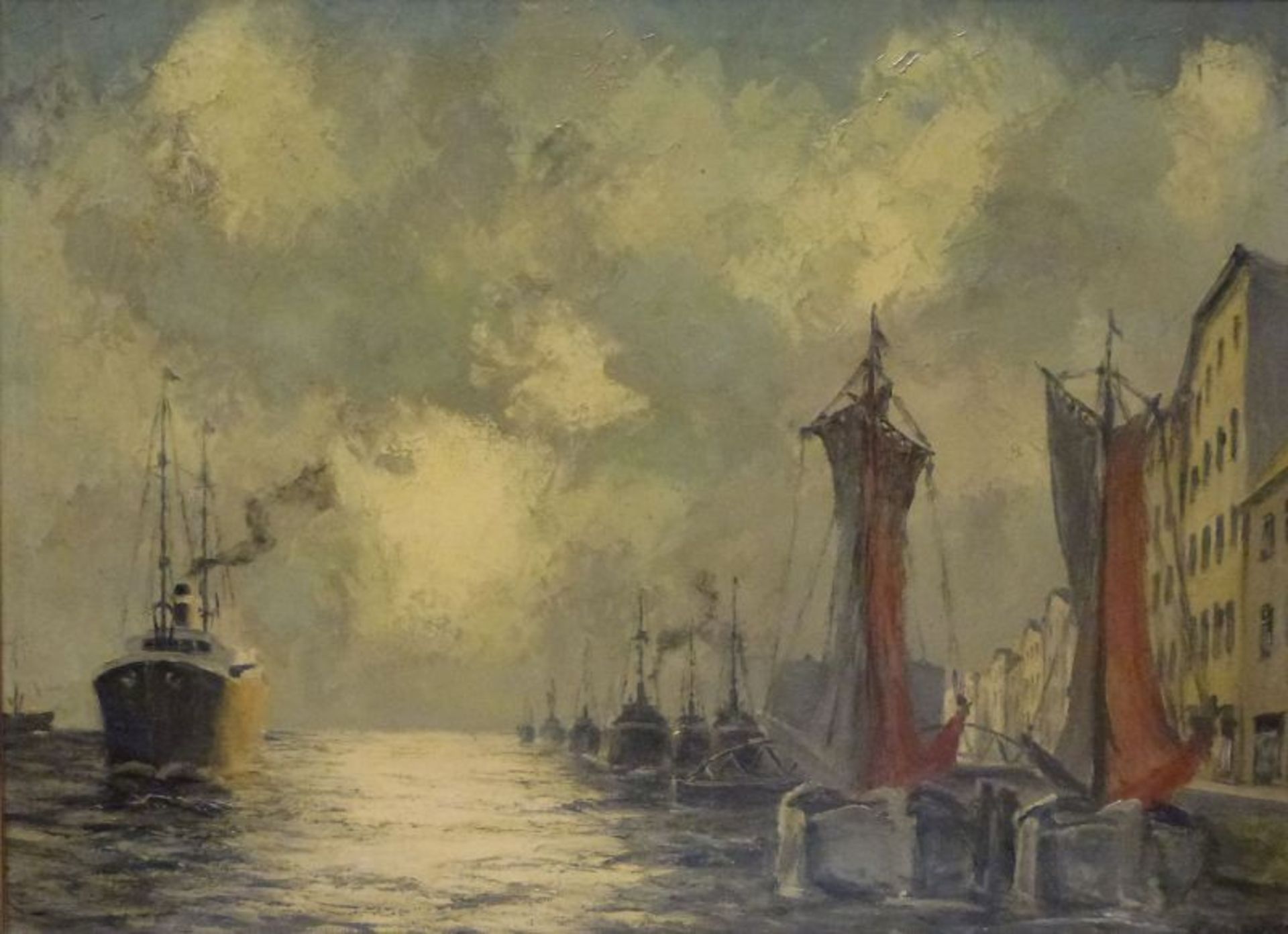 HafenHafenPaul Erhardt (1888-1981) Öl/LW, sign. Kutter u. Segelboot an Kai vor Häuserkulisse,