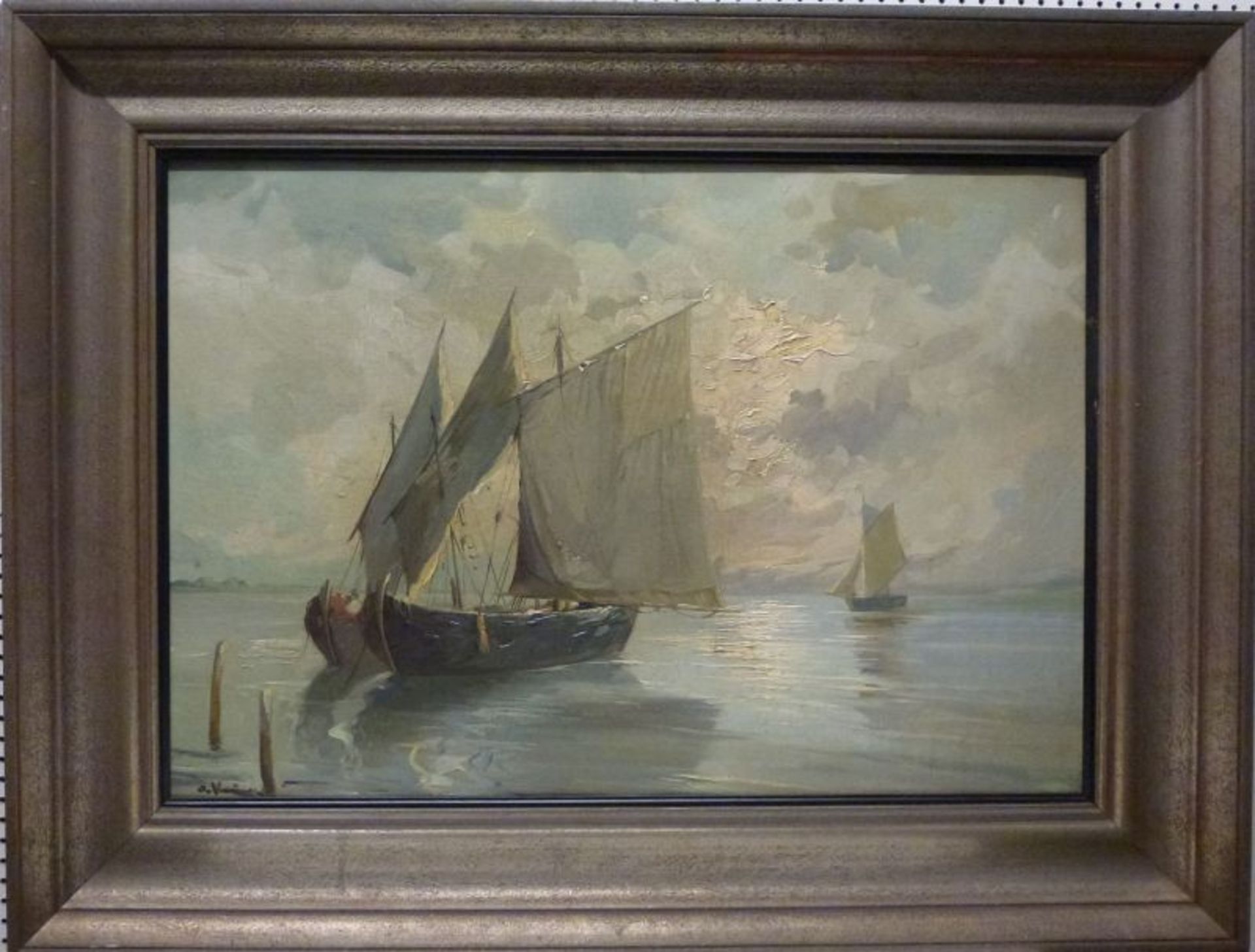 Segler vor Küste Öl/LWSegler vor Küste Öl/LWundeutl. sign., Segelboote auf ruhiger See, 48x67 cm, - Bild 2 aus 3