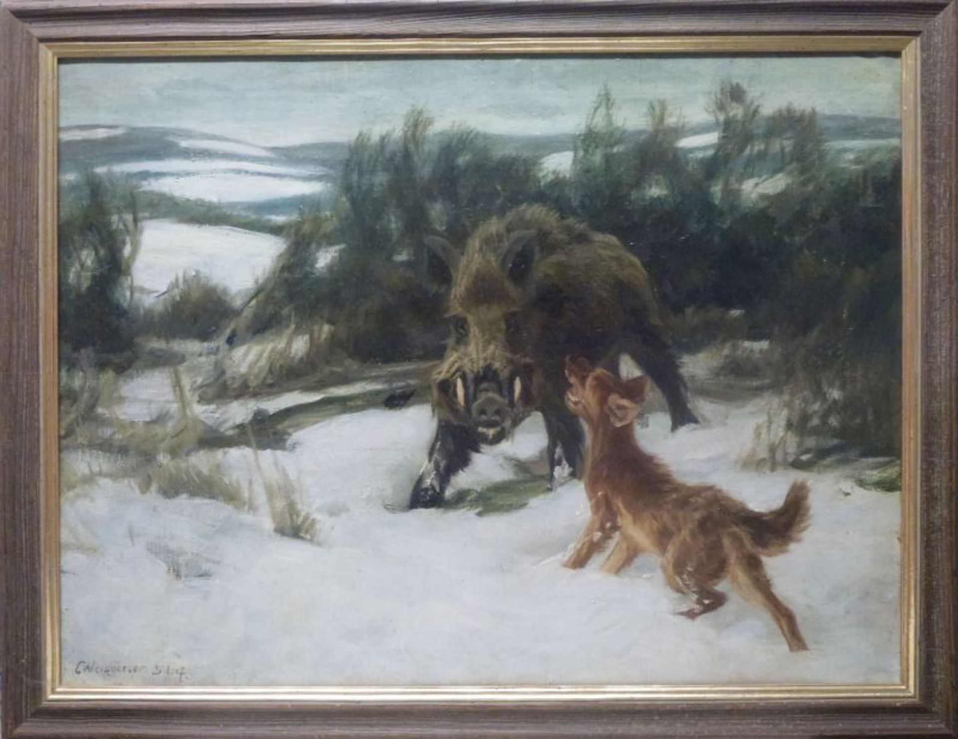 Keiler im SchneeKarl Weisgerber (1891-1968)Keiler im Schneesign. u.l., Keiler von Jagdhund bedrängt, - Bild 2 aus 3