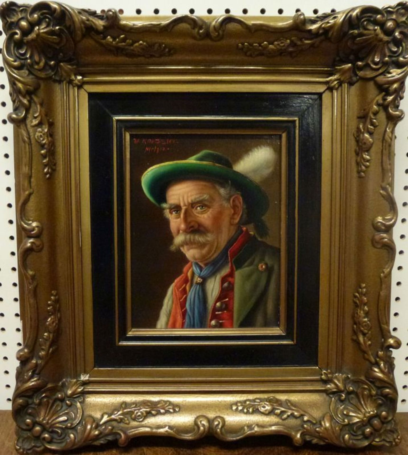 PortraitPortraitWalter Roessler (1882-1916) Öl/Holz, Brustbild eines Jägers, GR, 18x14cm - Bild 2 aus 3