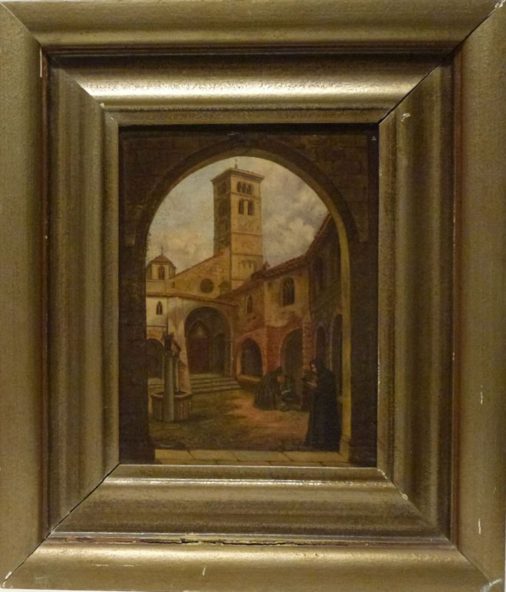 KlosterhofKlosterhof2.Hälfte 19.Jh. Öl/LW, unsign., feines Craquelée, 30x23 cm, ger. - Bild 2 aus 3