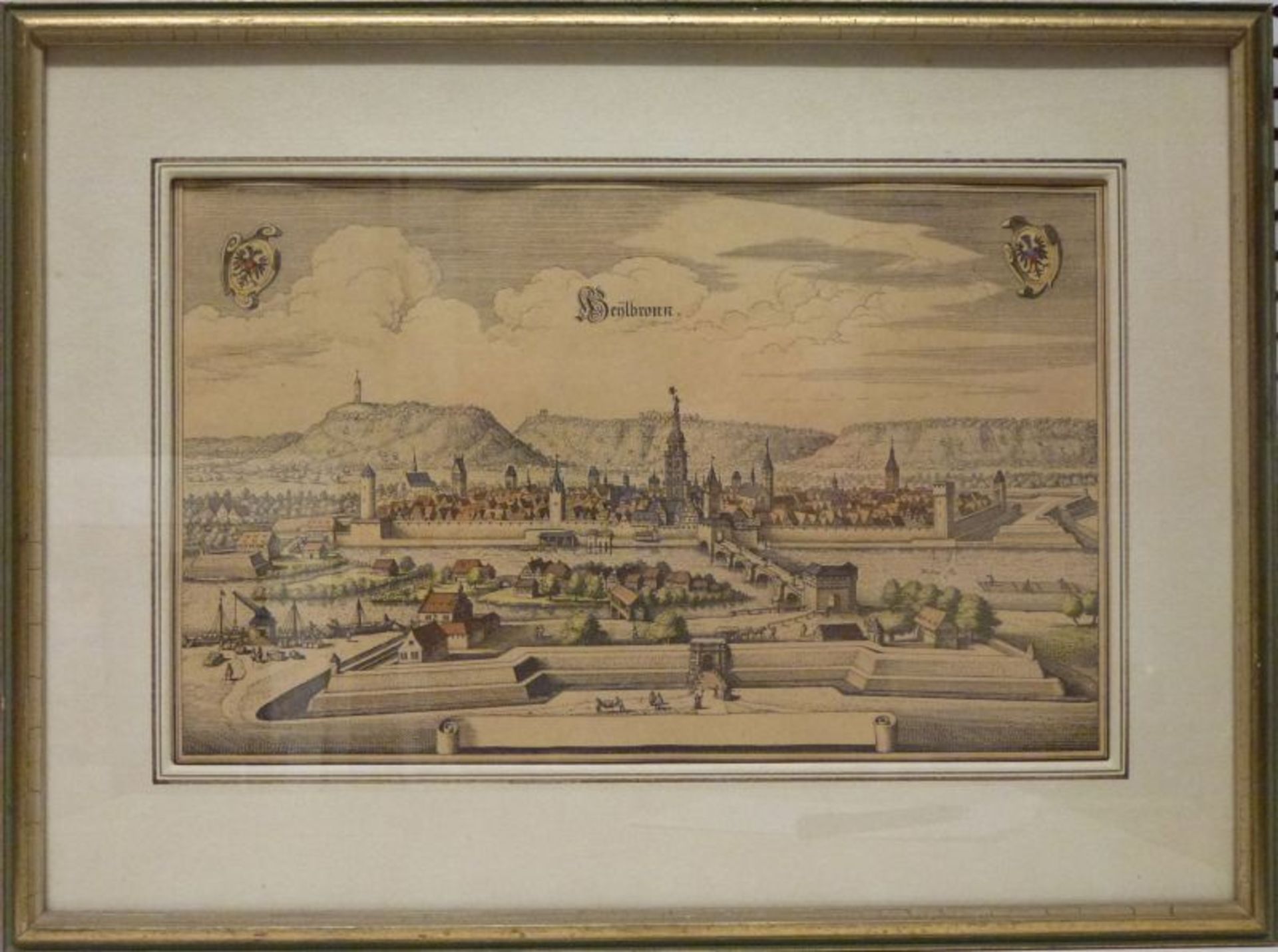 ''Heilbronn''''Heilbronn''18. Jahrhundert kolorierter Kupferstich, Blatt gebräunt, 22x35 cm, unter