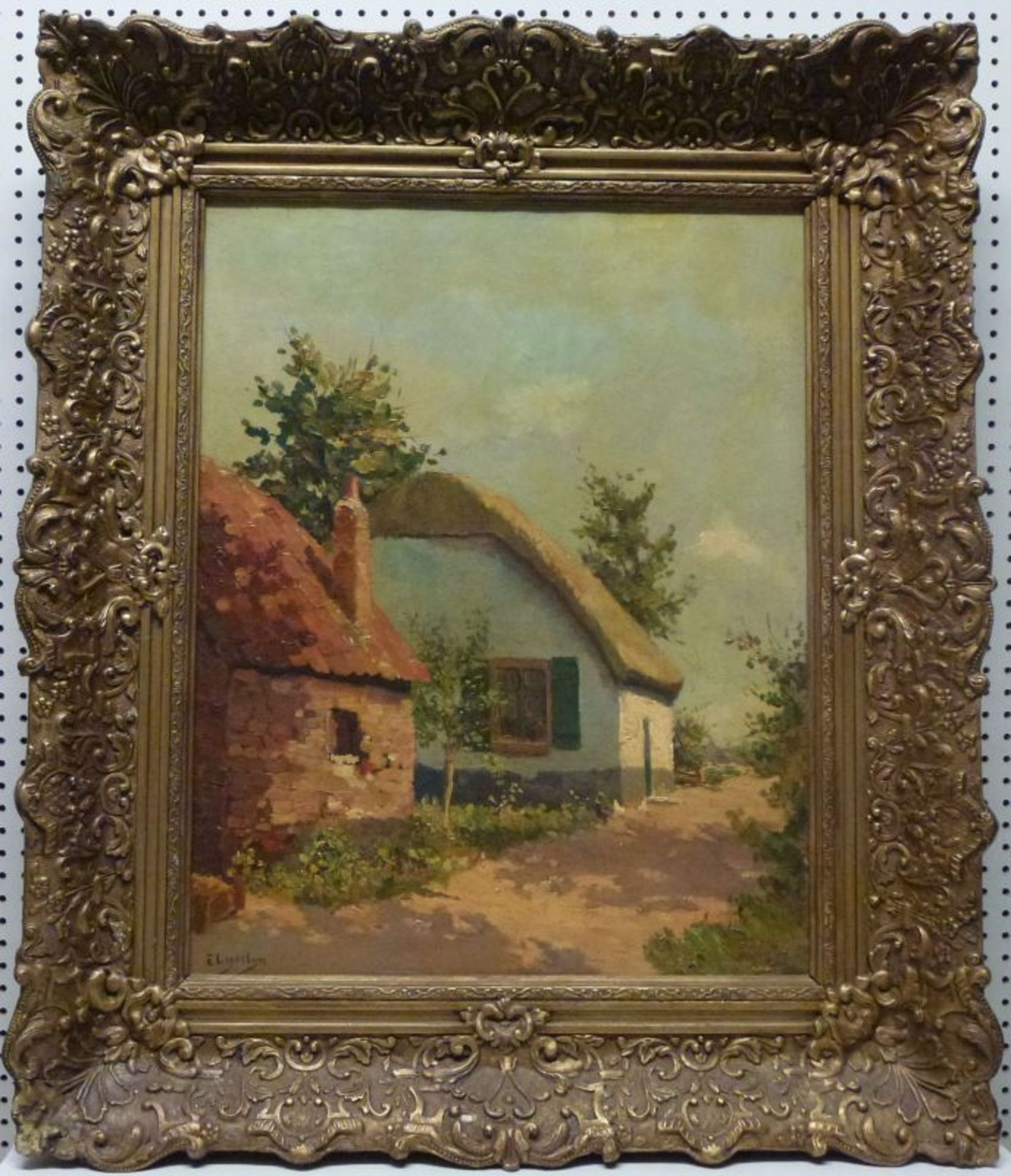 HofHofEvart Jan Ligtelijn (1883-1975) Öl/LW, sign., reetgedeckte Häuser an Feldweg, 50x40 cm, GR, - Image 2 of 3