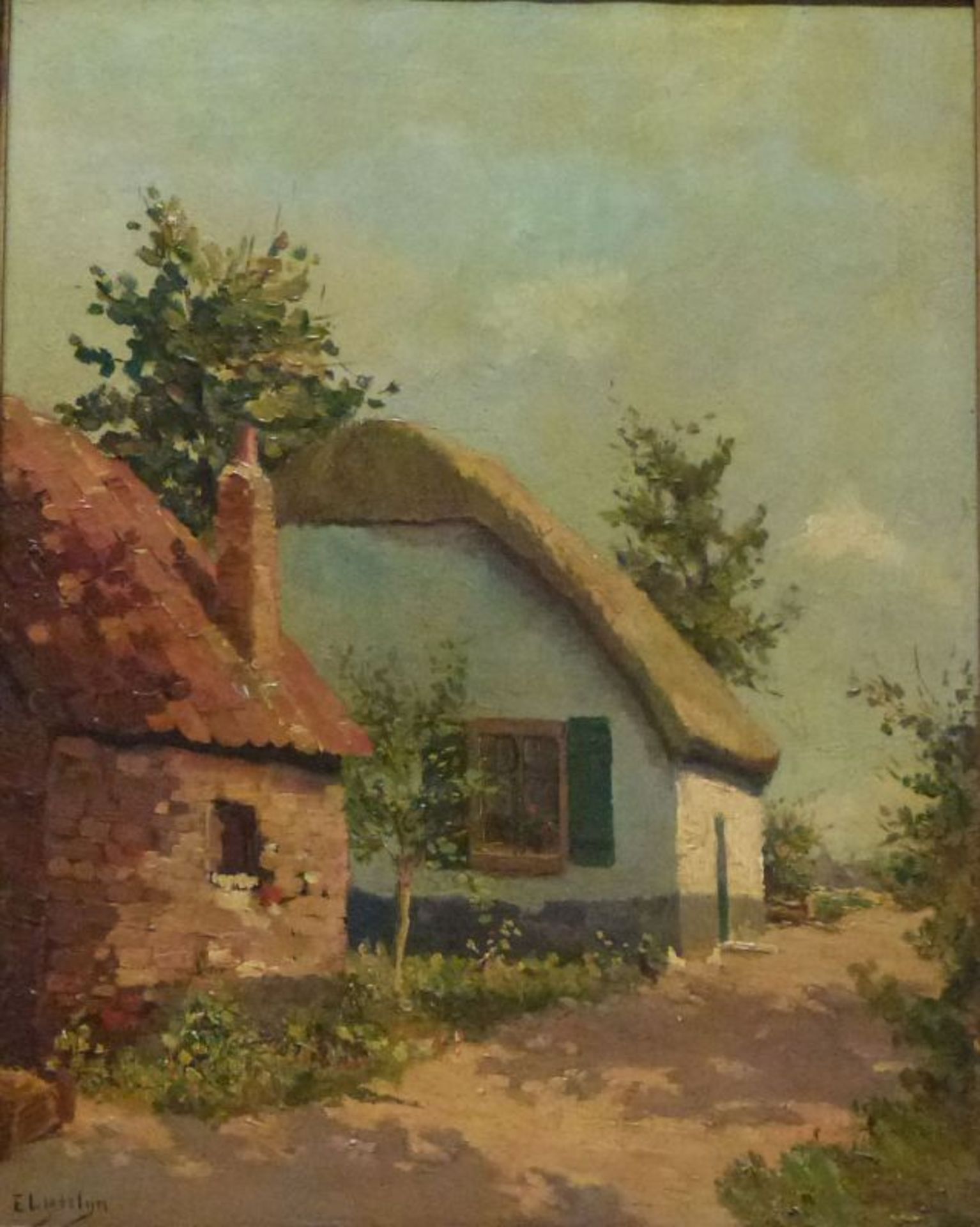 HofHofEvart Jan Ligtelijn (1883-1975) Öl/LW, sign., reetgedeckte Häuser an Feldweg, 50x40 cm, GR,
