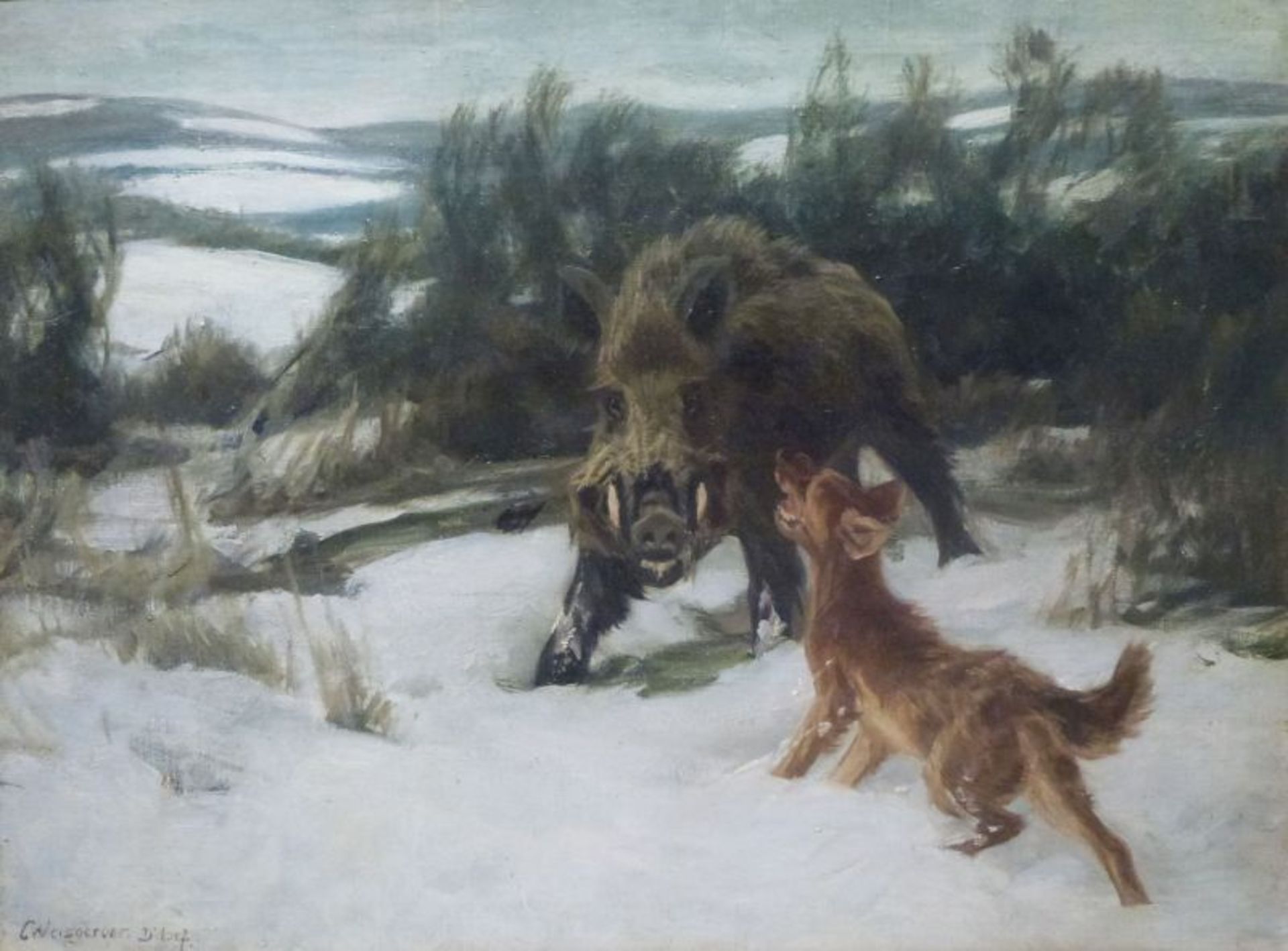 Keiler im SchneeKarl Weisgerber (1891-1968)Keiler im Schneesign. u.l., Keiler von Jagdhund bedrängt,