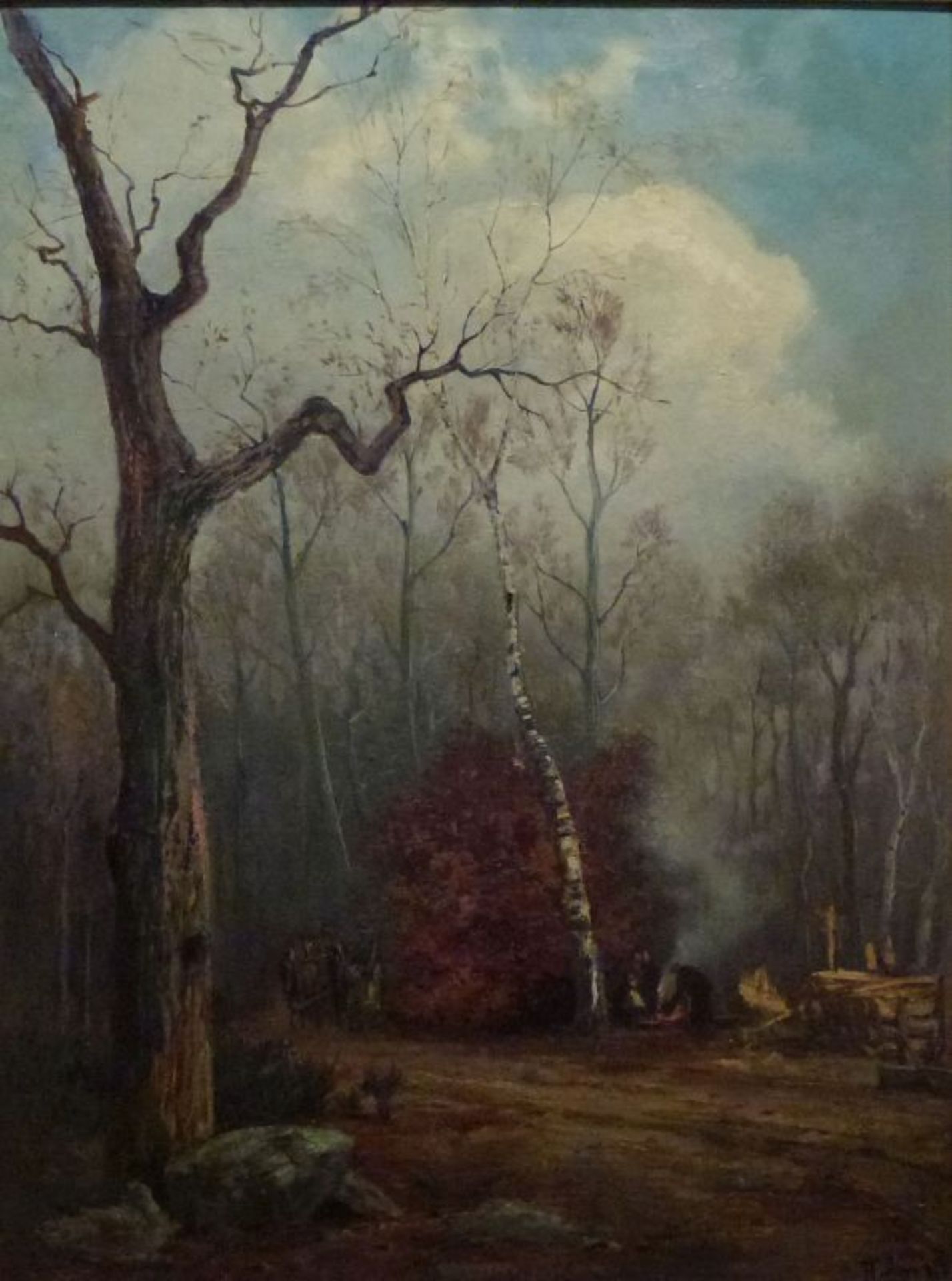 ''Der Harz''Walter Moras, 1856-1925''Der Harz''Öl/Lw, sign., Waldarbeiter am Feuer in winterlichem