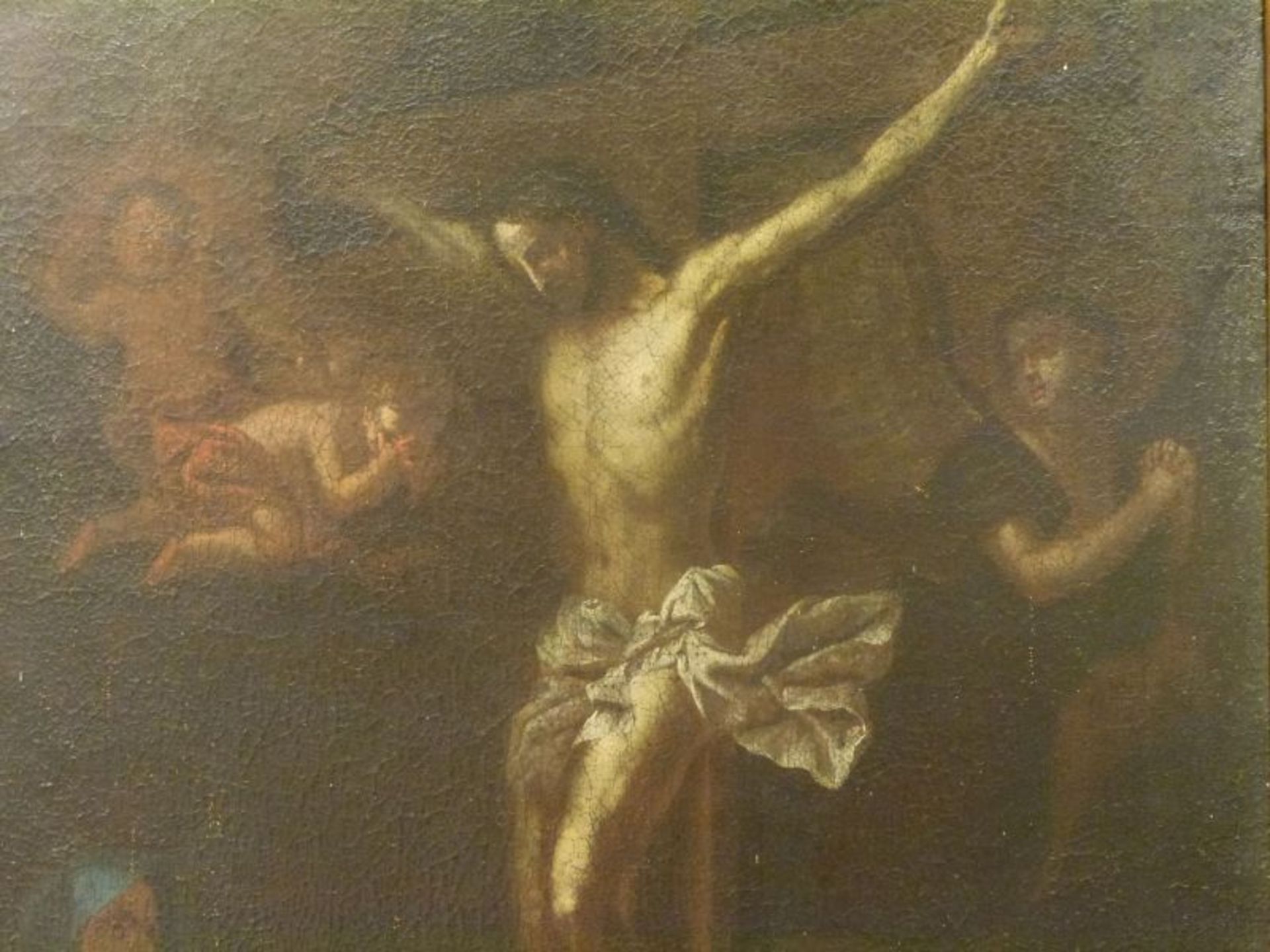 KreuzigungsszeneKreuzigungsszene17. Jahrhundert Öl/LW, gekreuzigter Christus v. Jungfrau Maria u. - Image 3 of 8