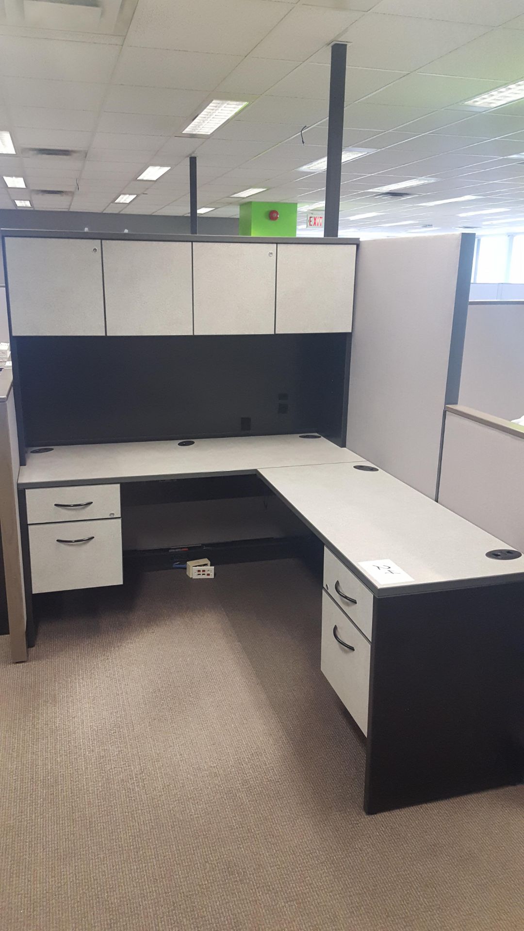 Grey and Black L-Shape Desk 24" x 60" with 48" Runoff w/ Upper Cabinet - Image 2 of 3