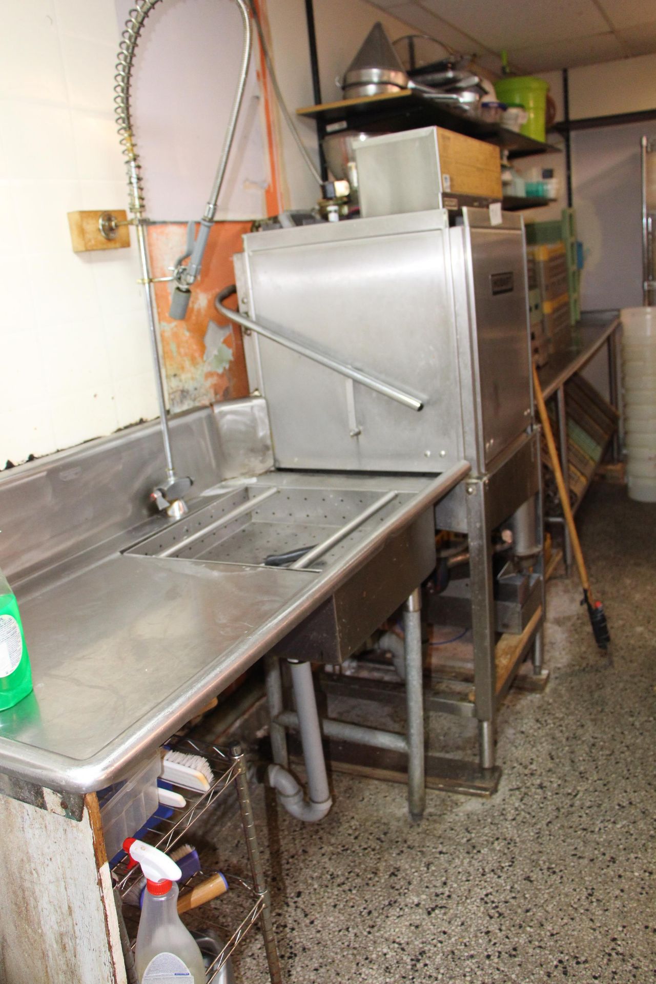 Hobart pass thru dishwasher c/w infeed s/s table and outflow s/s table w/sink and sprayer