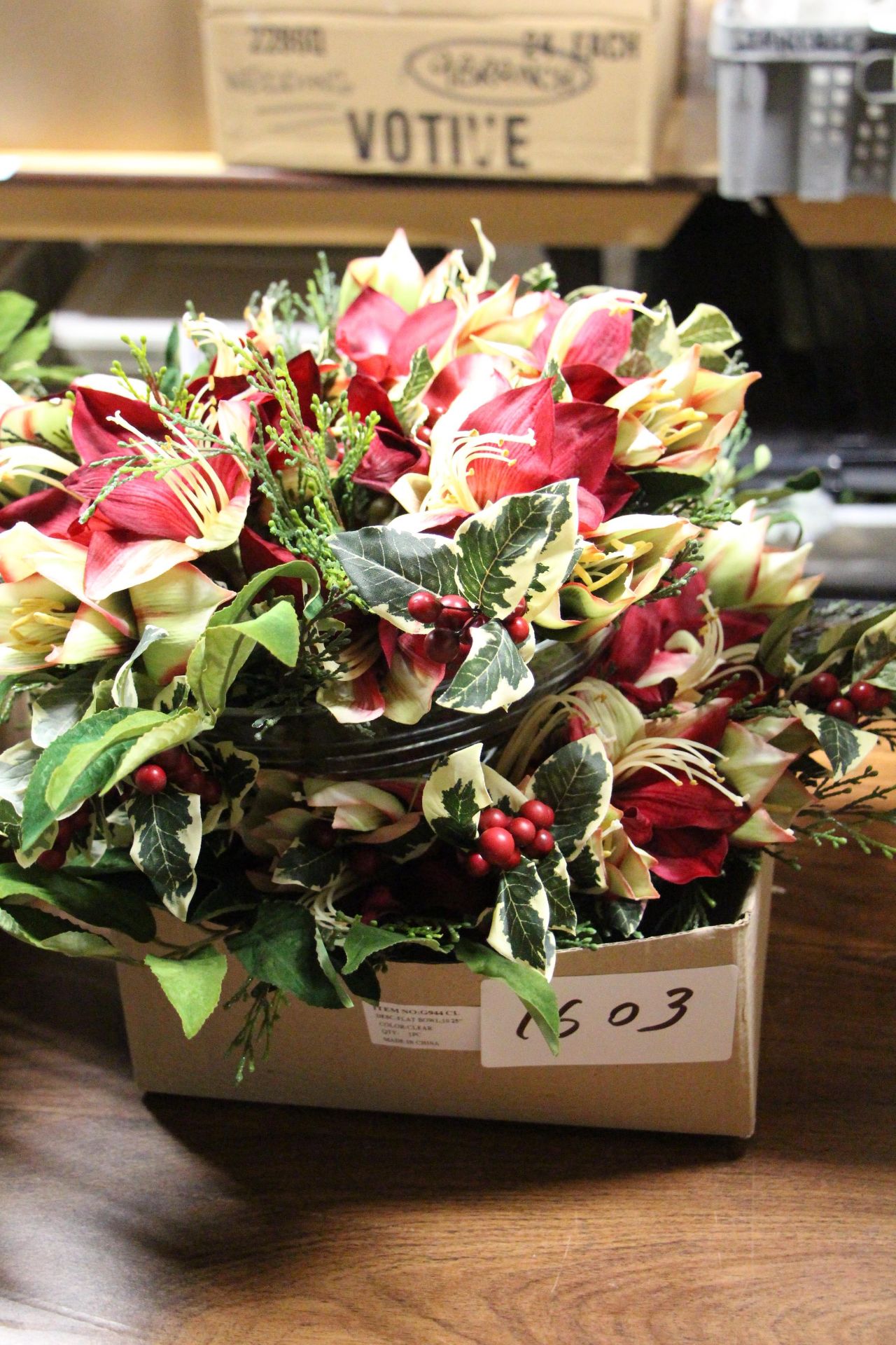 Box of 2 faux flower arrangements on glass bowl