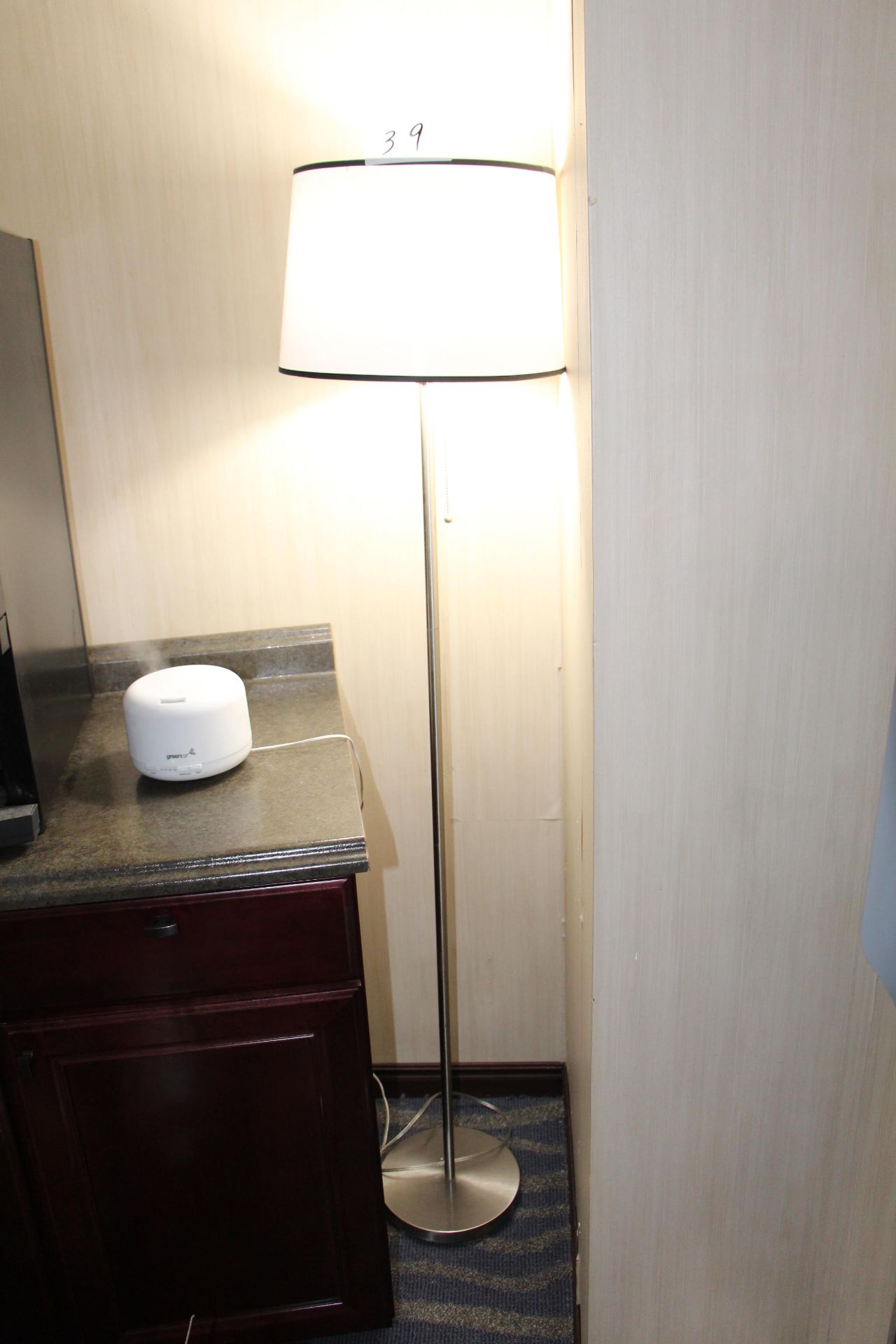 Brushed nickel finish floor lamp w/ linen shade