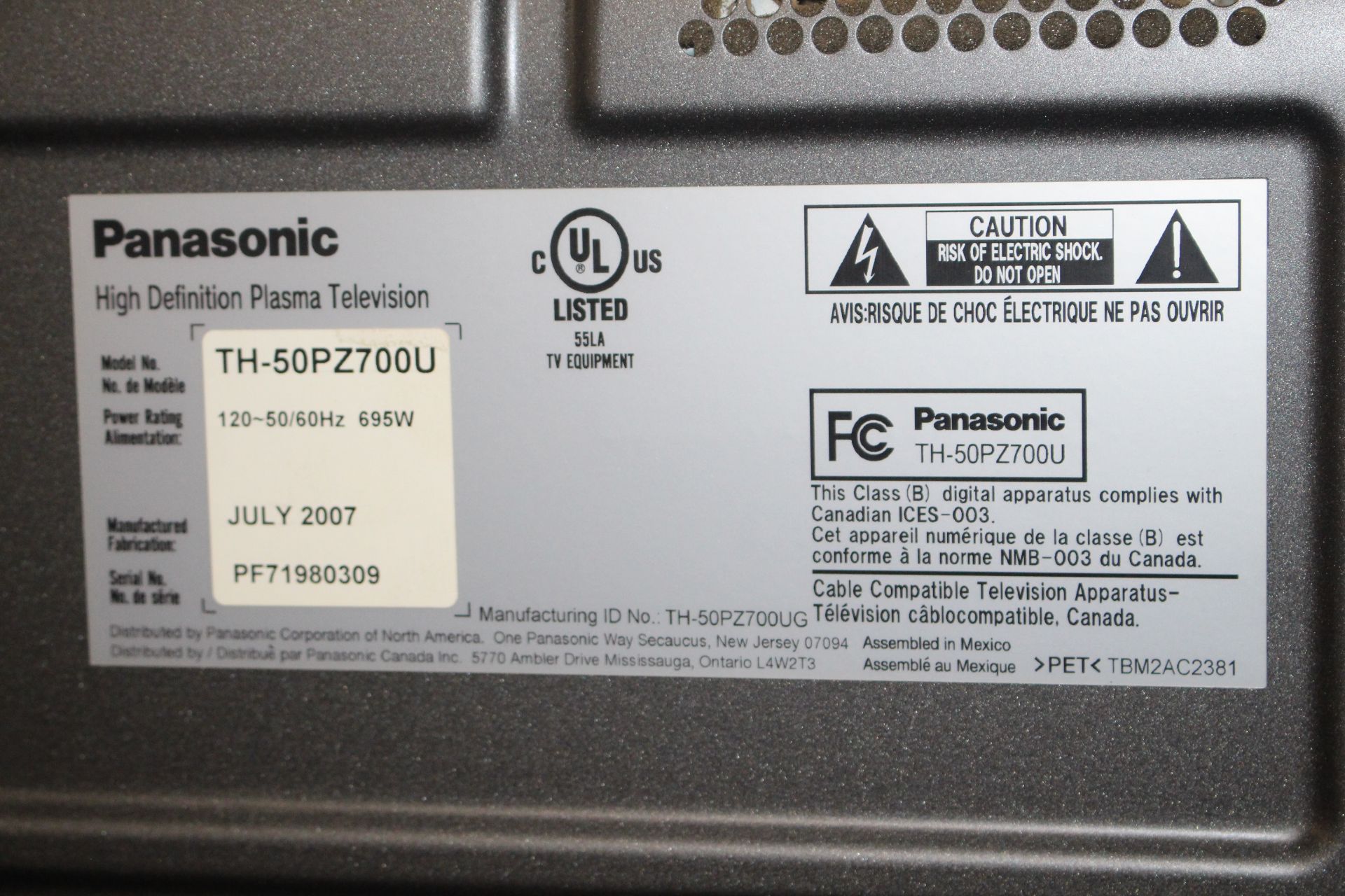 Panasonic HD Plasma TV model TH-50Pz700U - Image 2 of 2