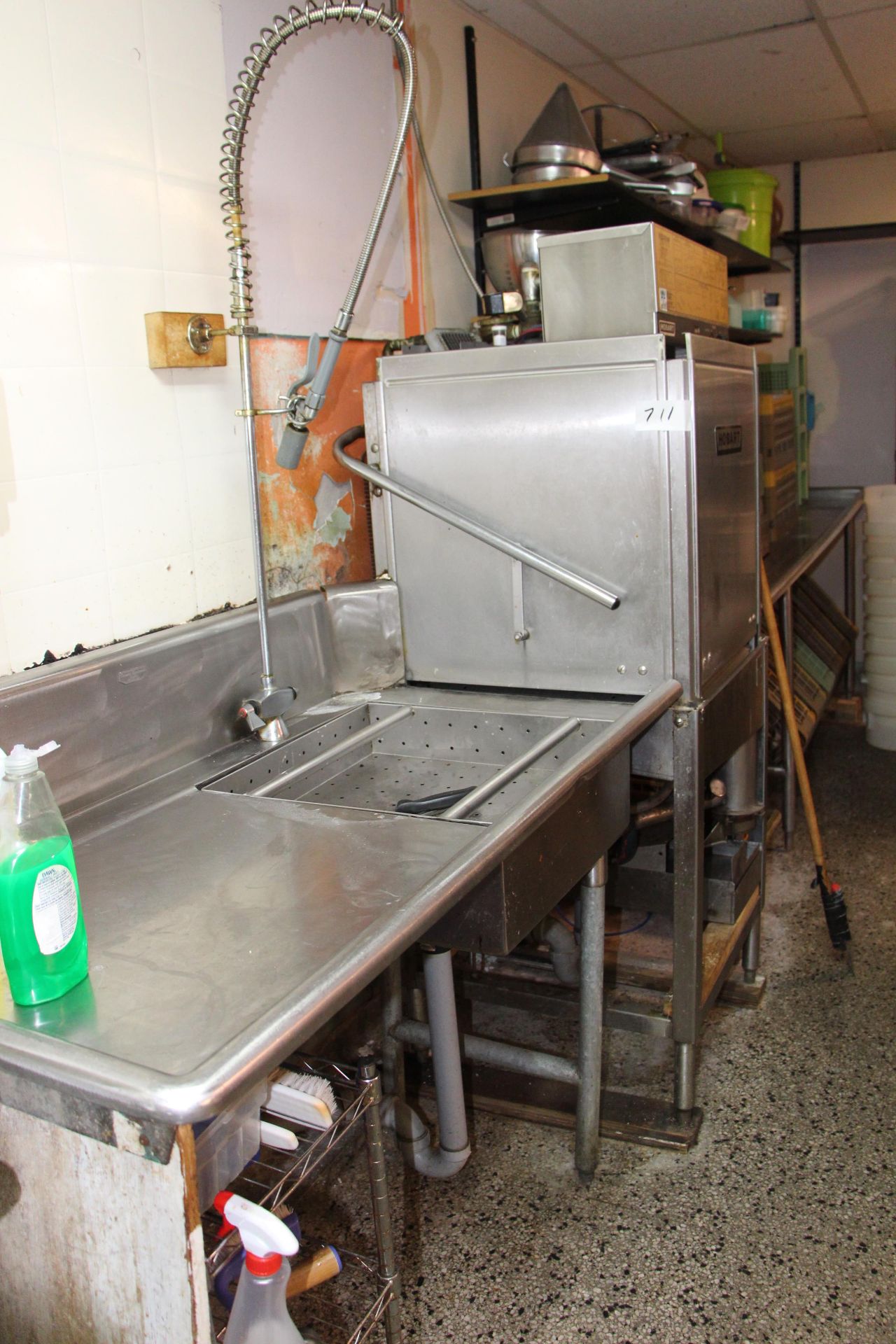 Hobart pass thru dishwasher c/w infeed s/s table and outflow s/s table w/sink and sprayer - Image 2 of 4