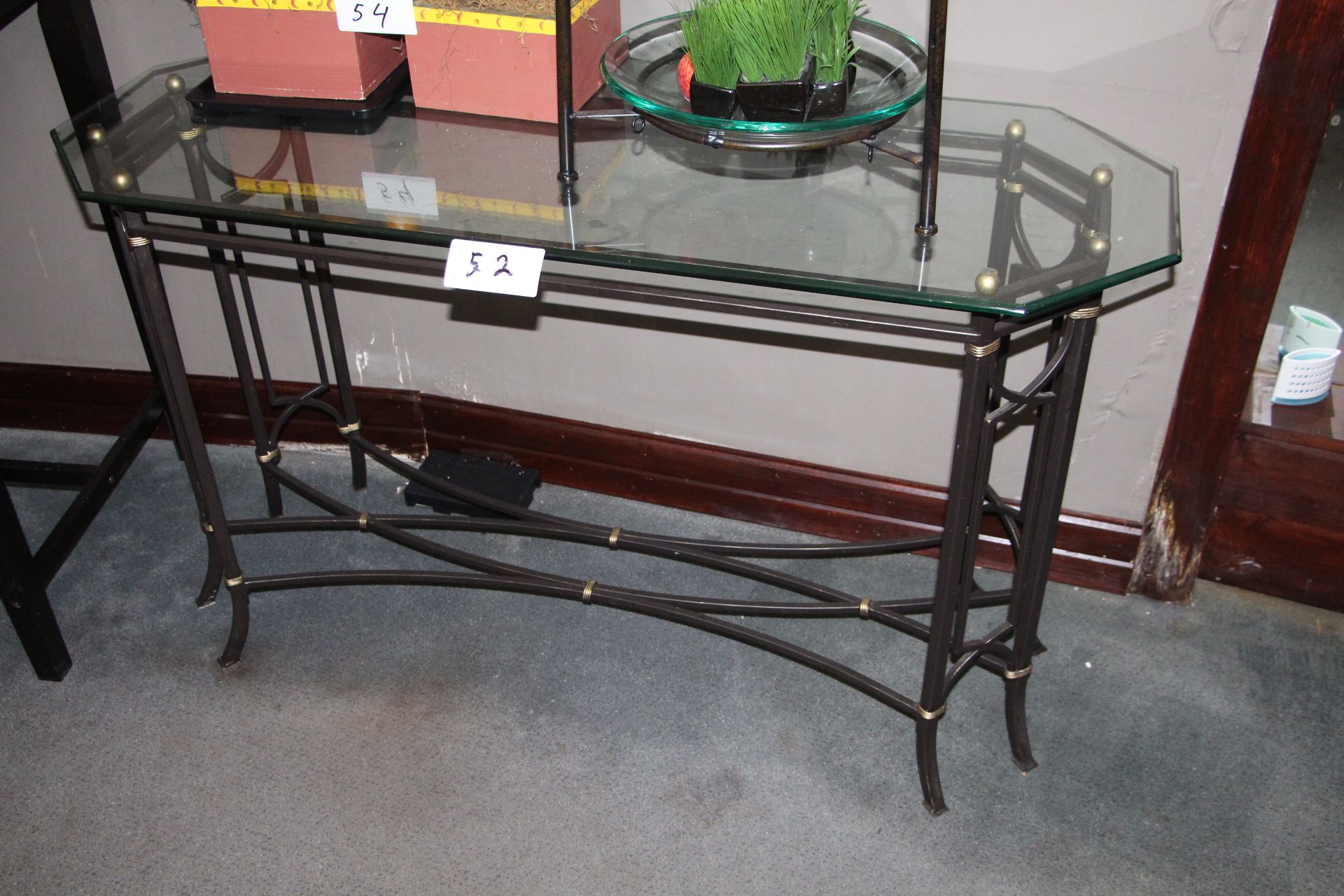 Wrought iron frame sofa table w/ glass top