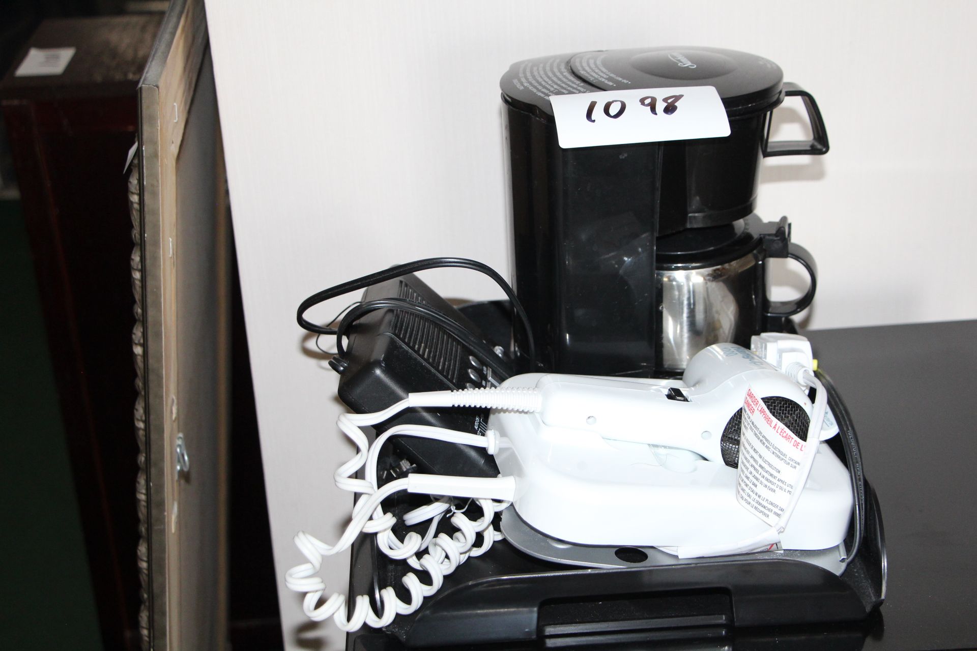 Lot coffee maker, alarm clock, hair dryer, chrome rack and garbage bin