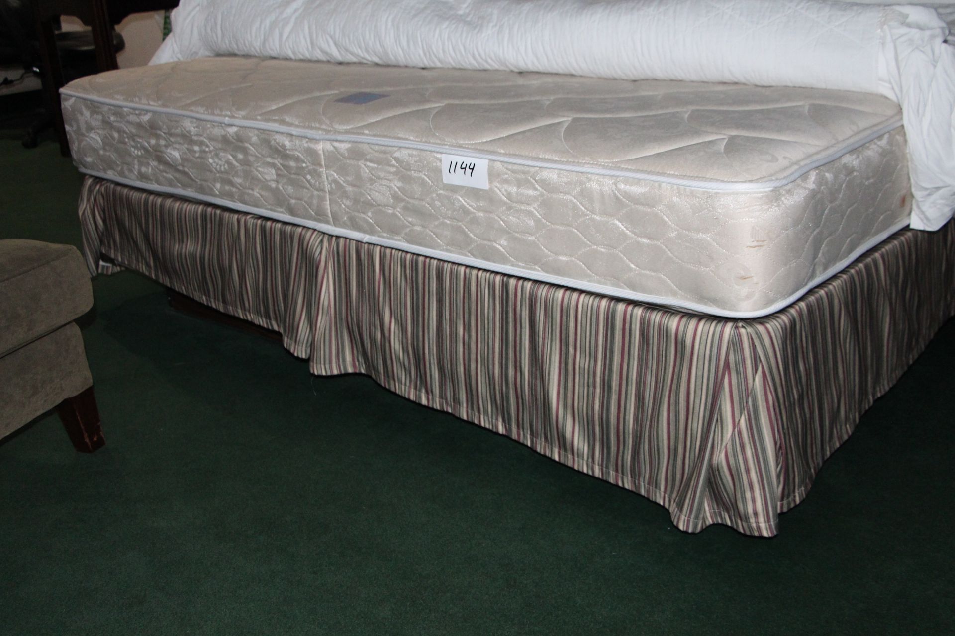 King size mattress with box spring, bed skirt and matching window drape