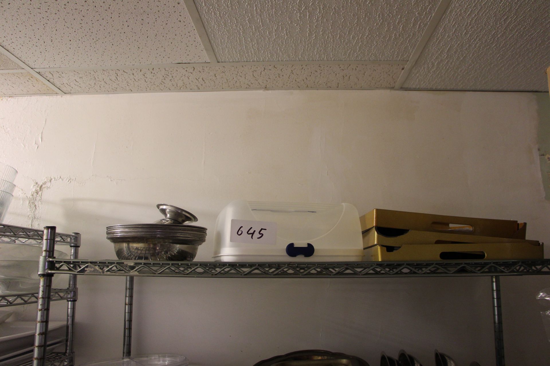 Lot misc trays, cake case etc on shelf