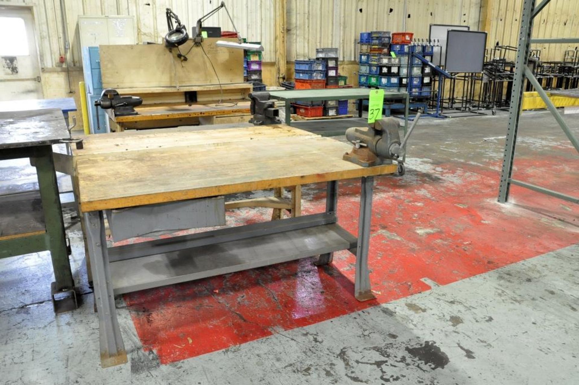 Lot-(3) Hardwood Top Work Benches with Bench Vises and (2)