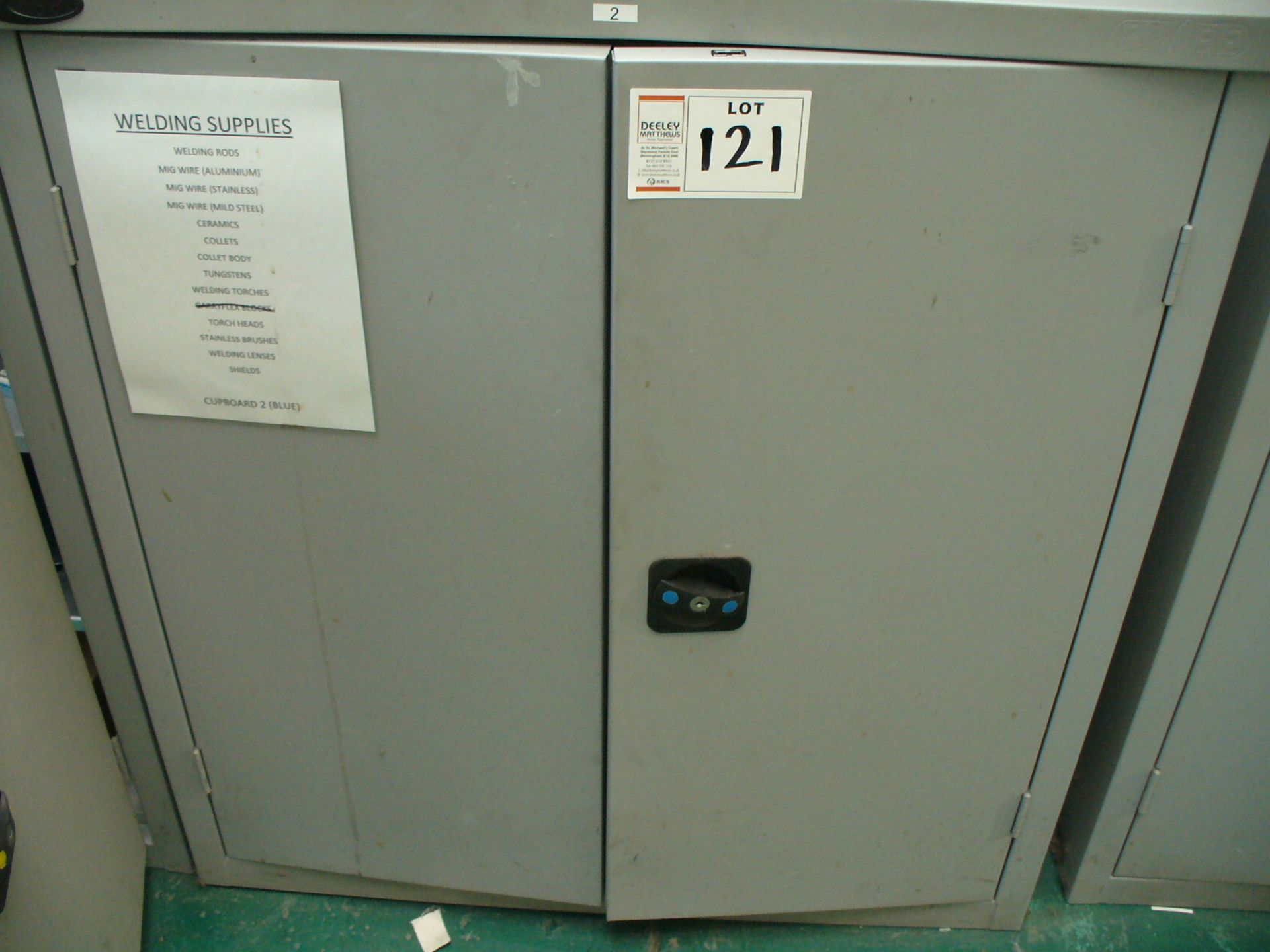 3' double door STATIONERY CABINET & CONTENTS of welding supplies including tips, earths, bushes,