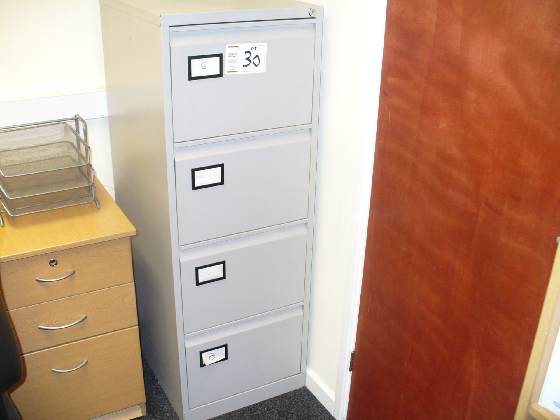 4 drawer metal FILING CABINET and 3 tier teak effect BOOKCASE
