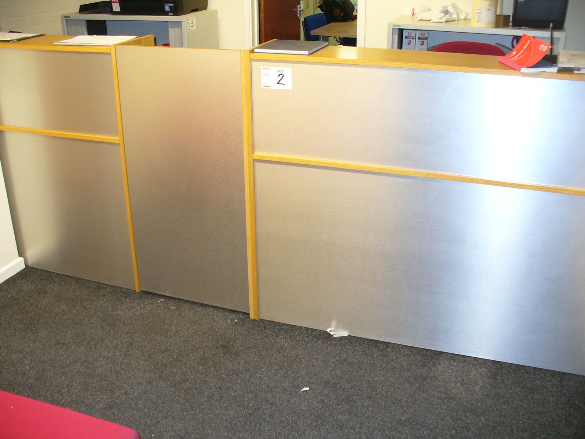 2 x oak effect RECEPTION DESKS, 3 drawer beech PEDESTAL and 2 SWIVEL CHAIRS, upholstered red fabric